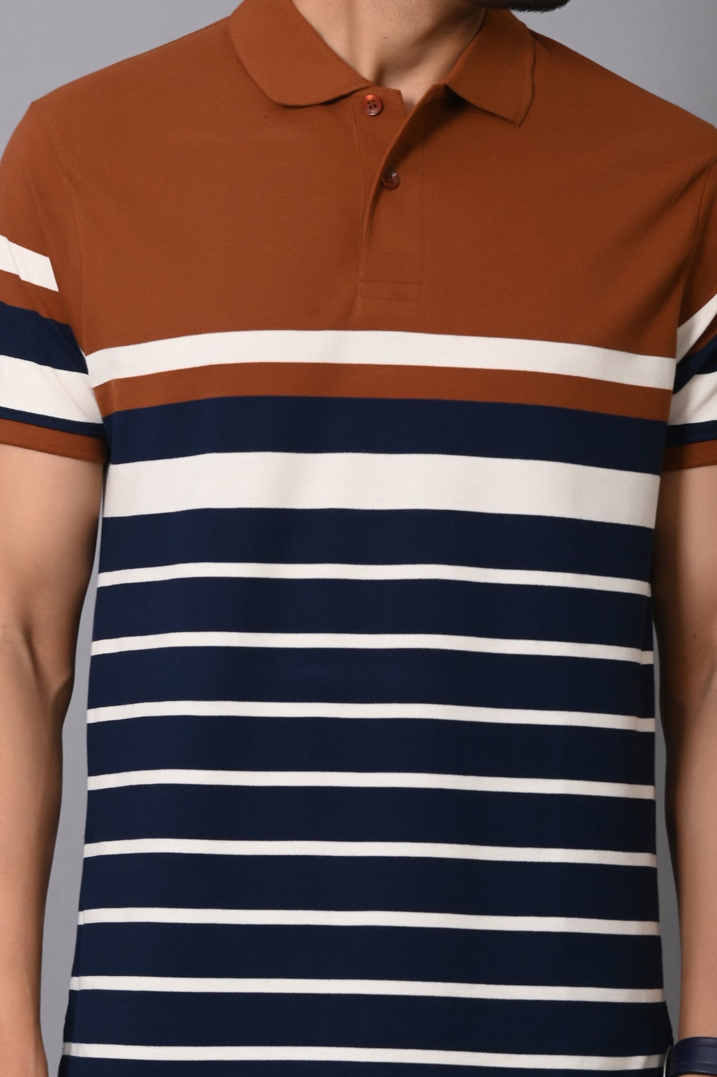 Arbour Men Stripes Polo Neck Cotton Blend Multicolour T-Shirt