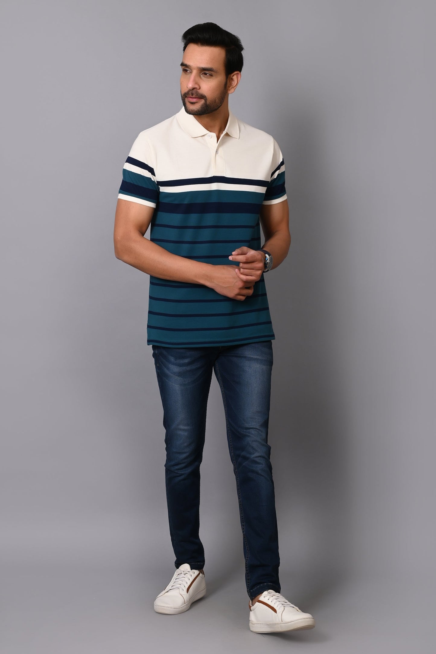 Arbour Men Stripes Polo Neck Cotton Blend Multicolour T-Shirt