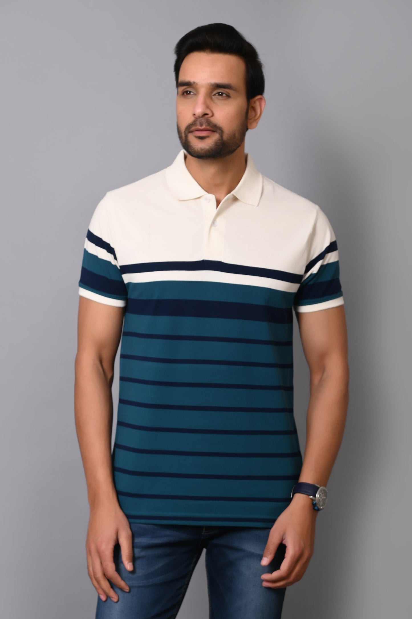 Arbour Men Stripes Polo Neck Cotton Blend Multicolour T-Shirt