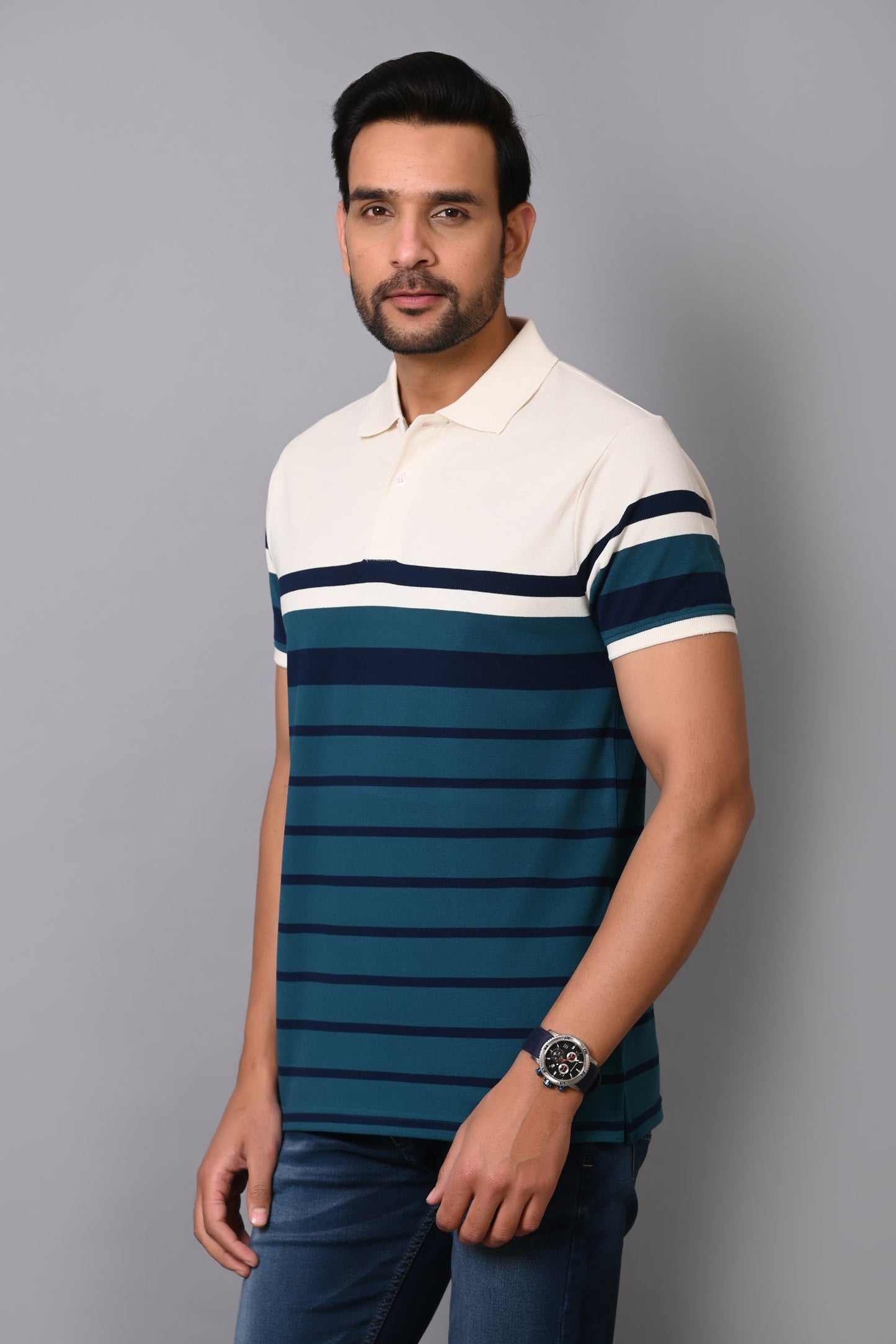 Arbour Men Stripes Polo Neck Cotton Blend Multicolour T-Shirt