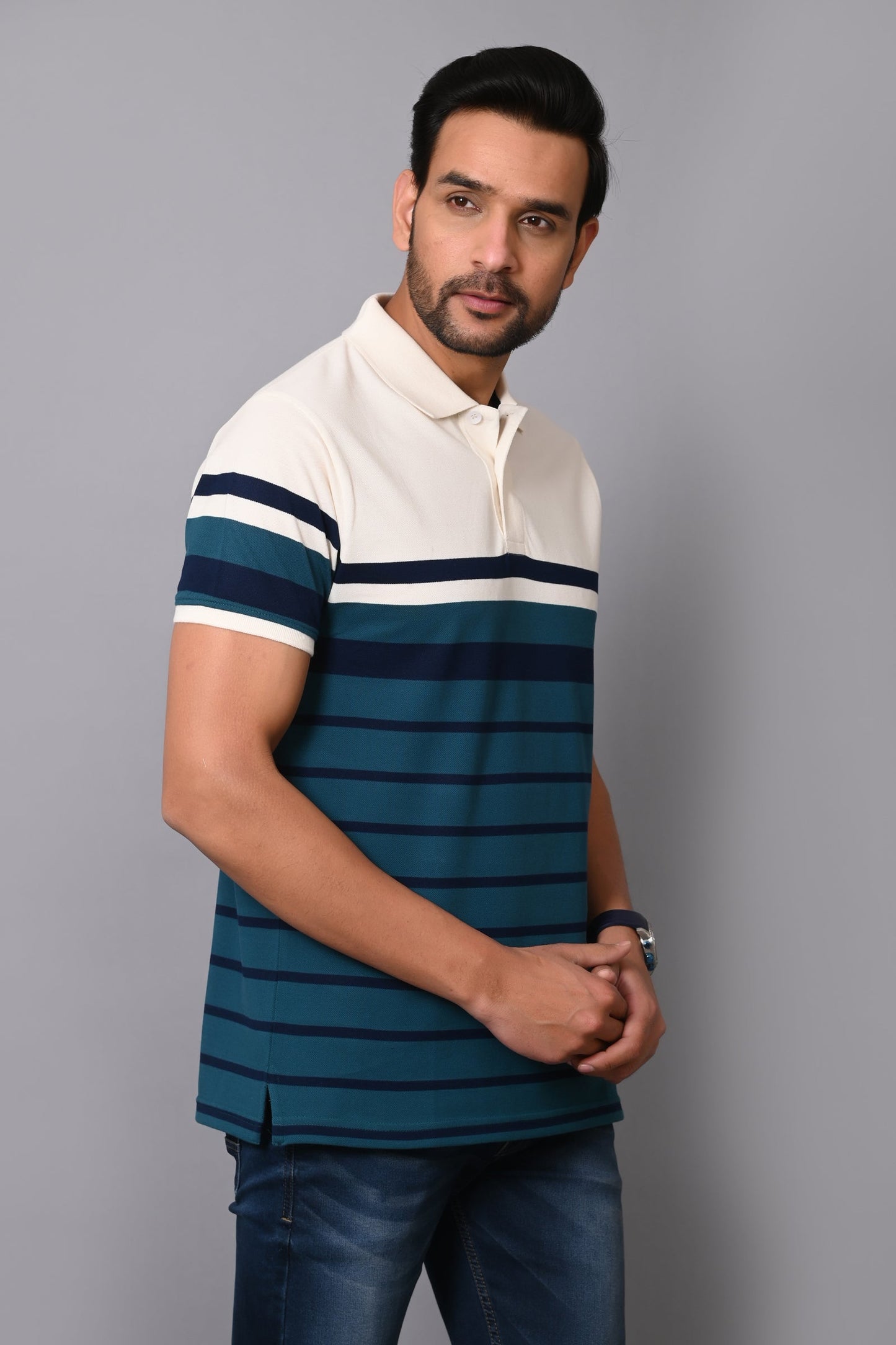 Arbour Men Stripes Polo Neck Cotton Blend Multicolour T-Shirt