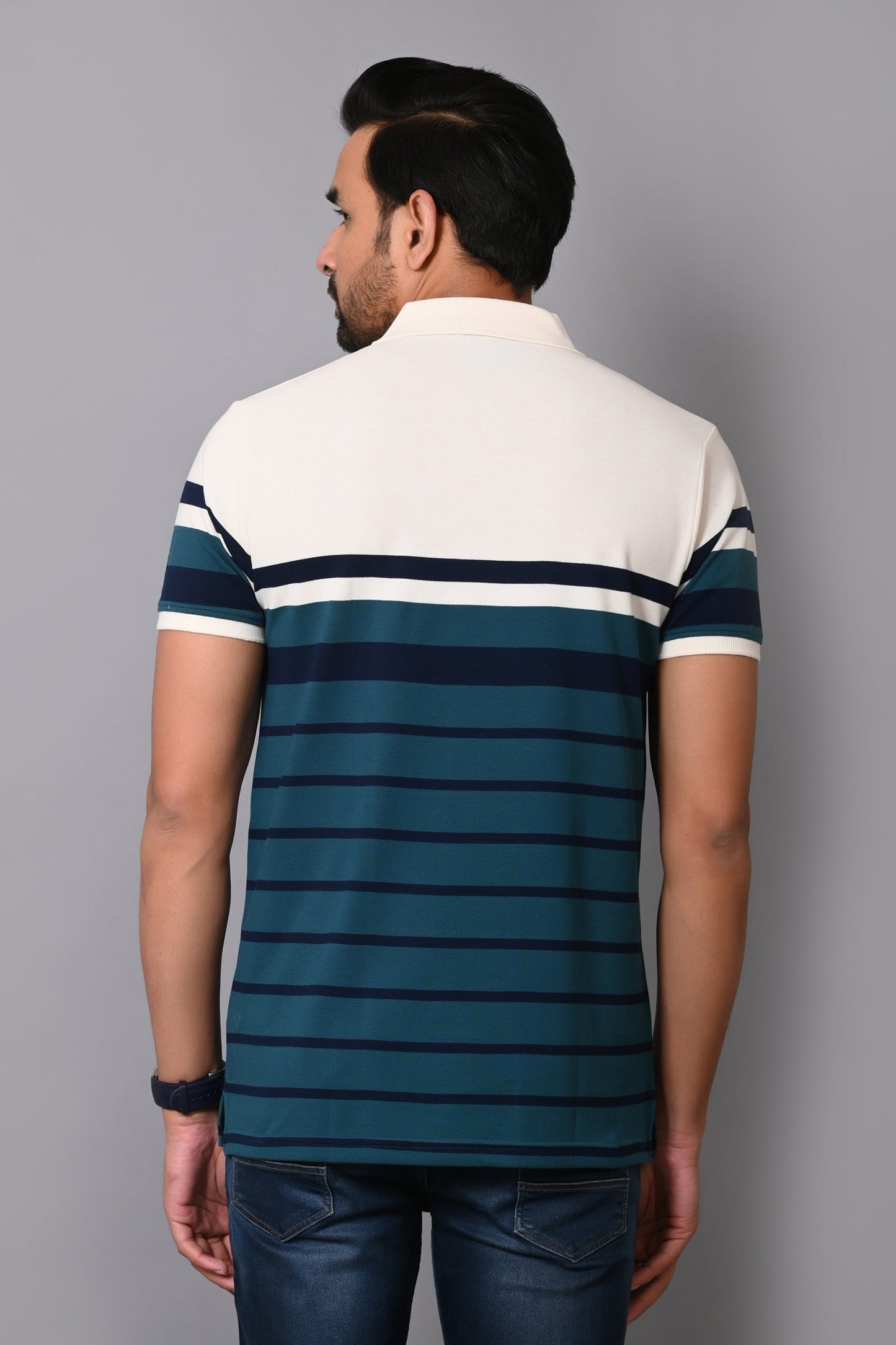 Arbour Men Stripes Polo Neck Cotton Blend Multicolour T-Shirt