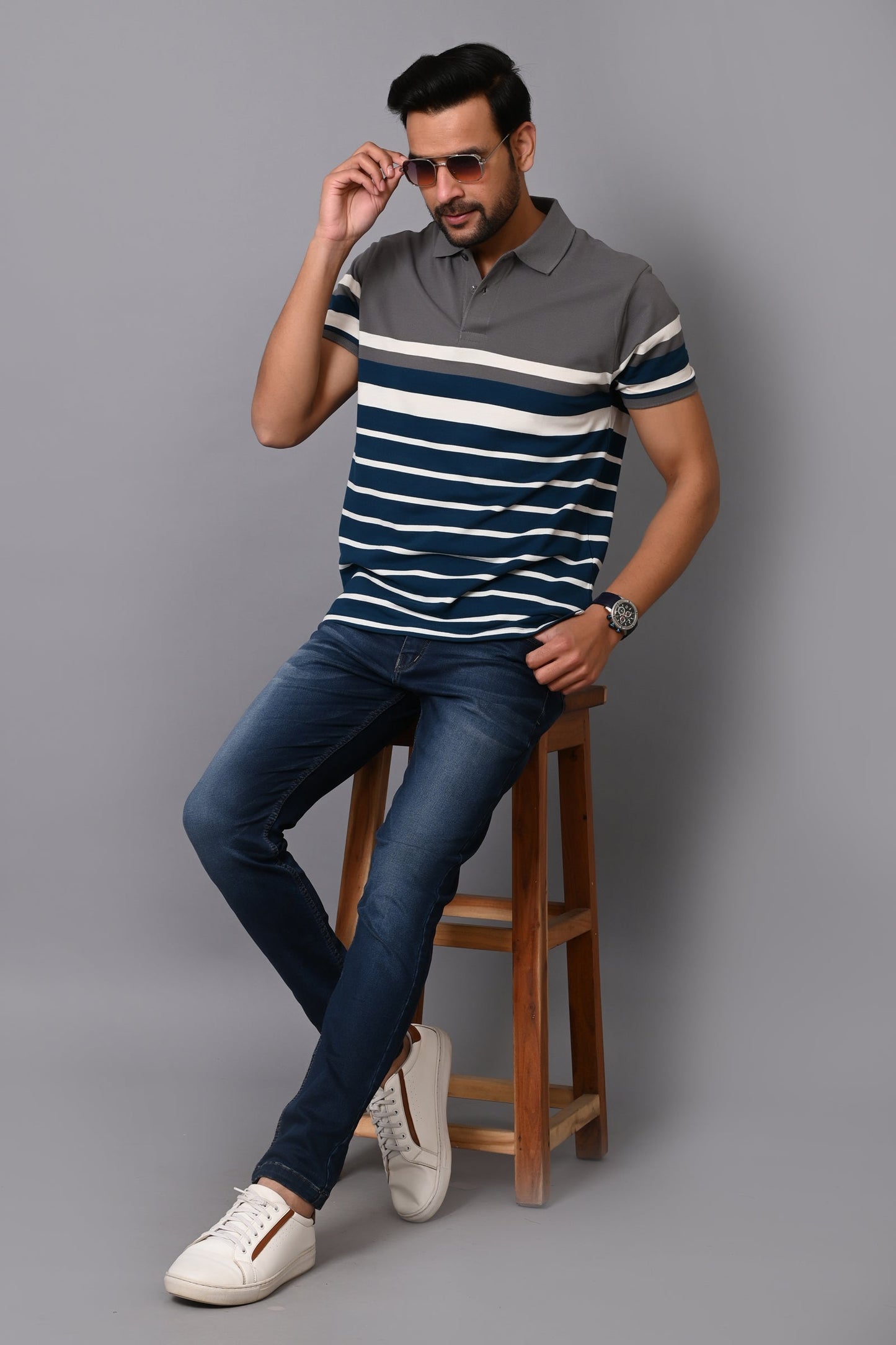 Arbour Men Stripes Polo Neck Cotton Blend Multicolour T-Shirt