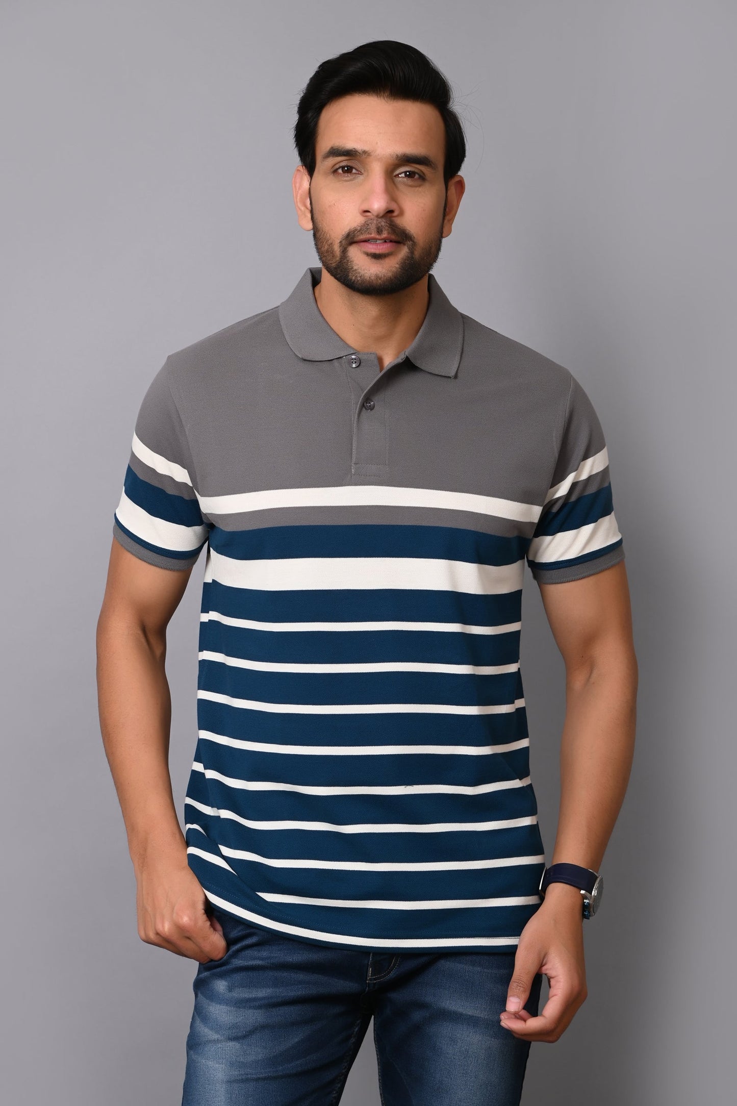 Arbour Men Stripes Polo Neck Cotton Blend Multicolour T-Shirt