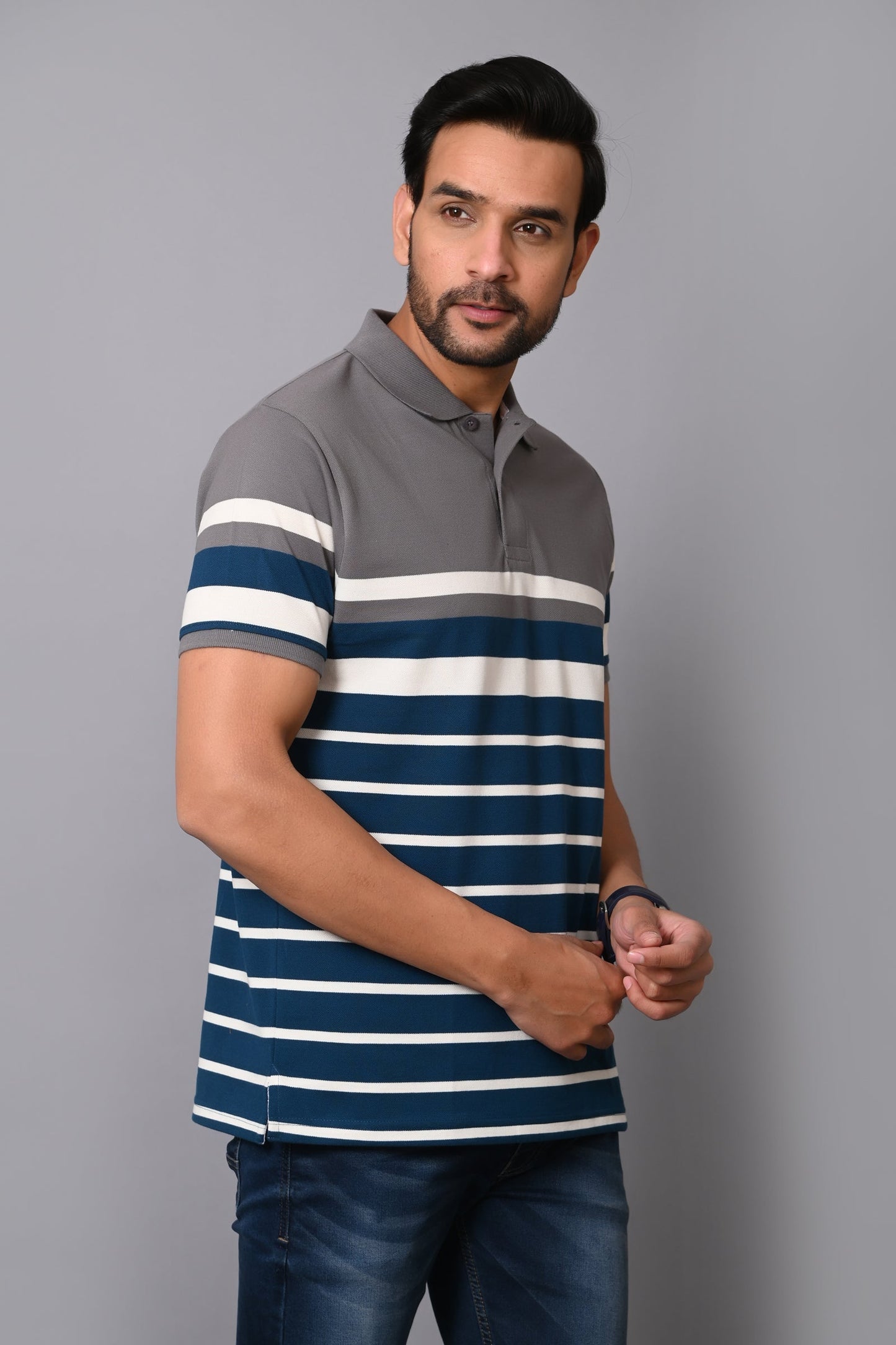 Arbour Men Stripes Polo Neck Cotton Blend Multicolour T-Shirt