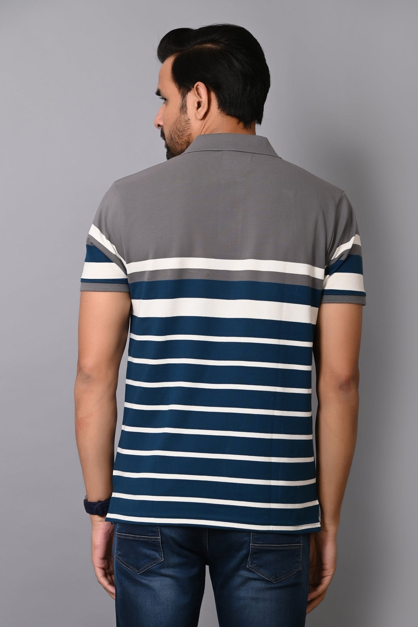 Arbour Men Stripes Polo Neck Cotton Blend Multicolour T-Shirt