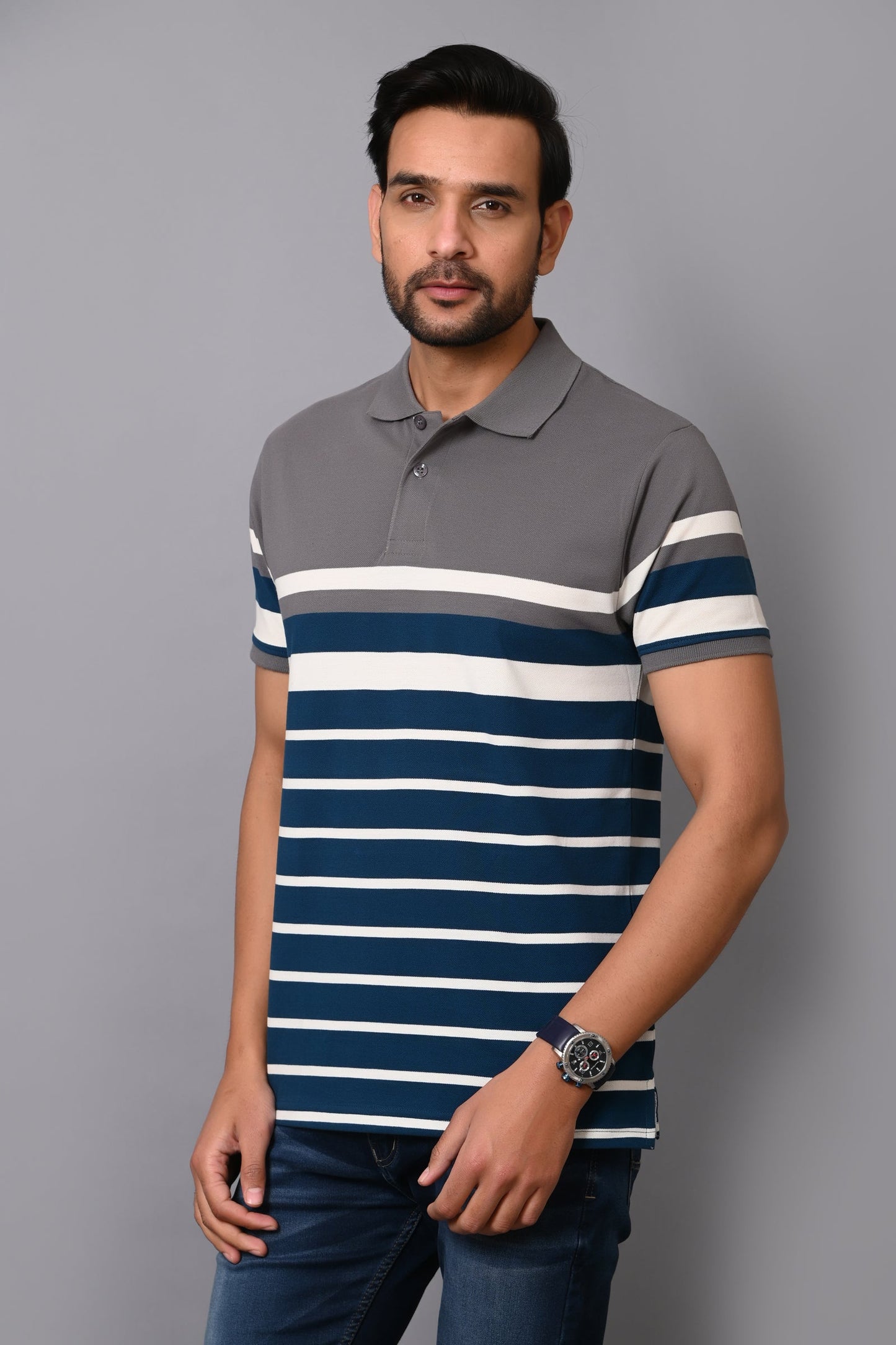 Arbour Men Stripes Polo Neck Cotton Blend Multicolour T-Shirt