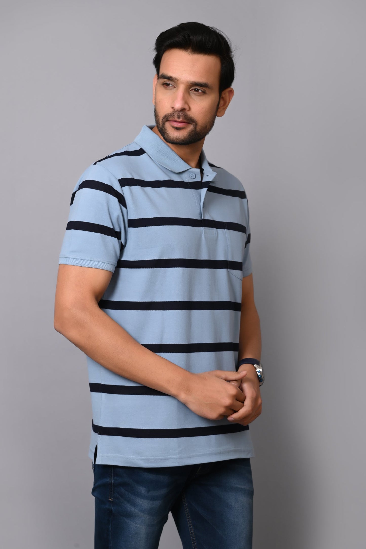 Arbour Men Polo Neck Stripes Pocket Half Sleeves T-Shirt