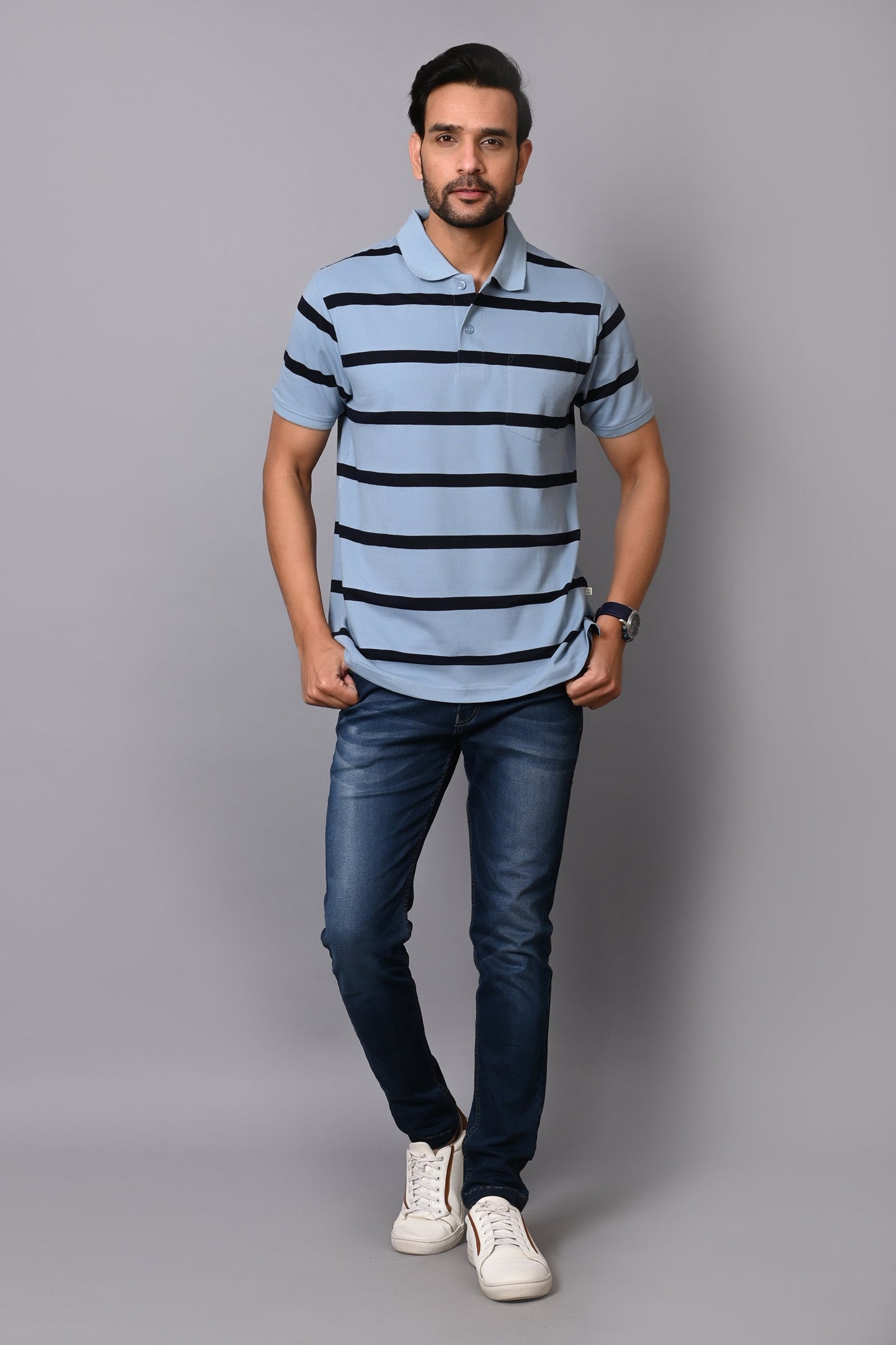 Arbour Men Polo Neck Stripes Pocket Half Sleeves T-Shirt