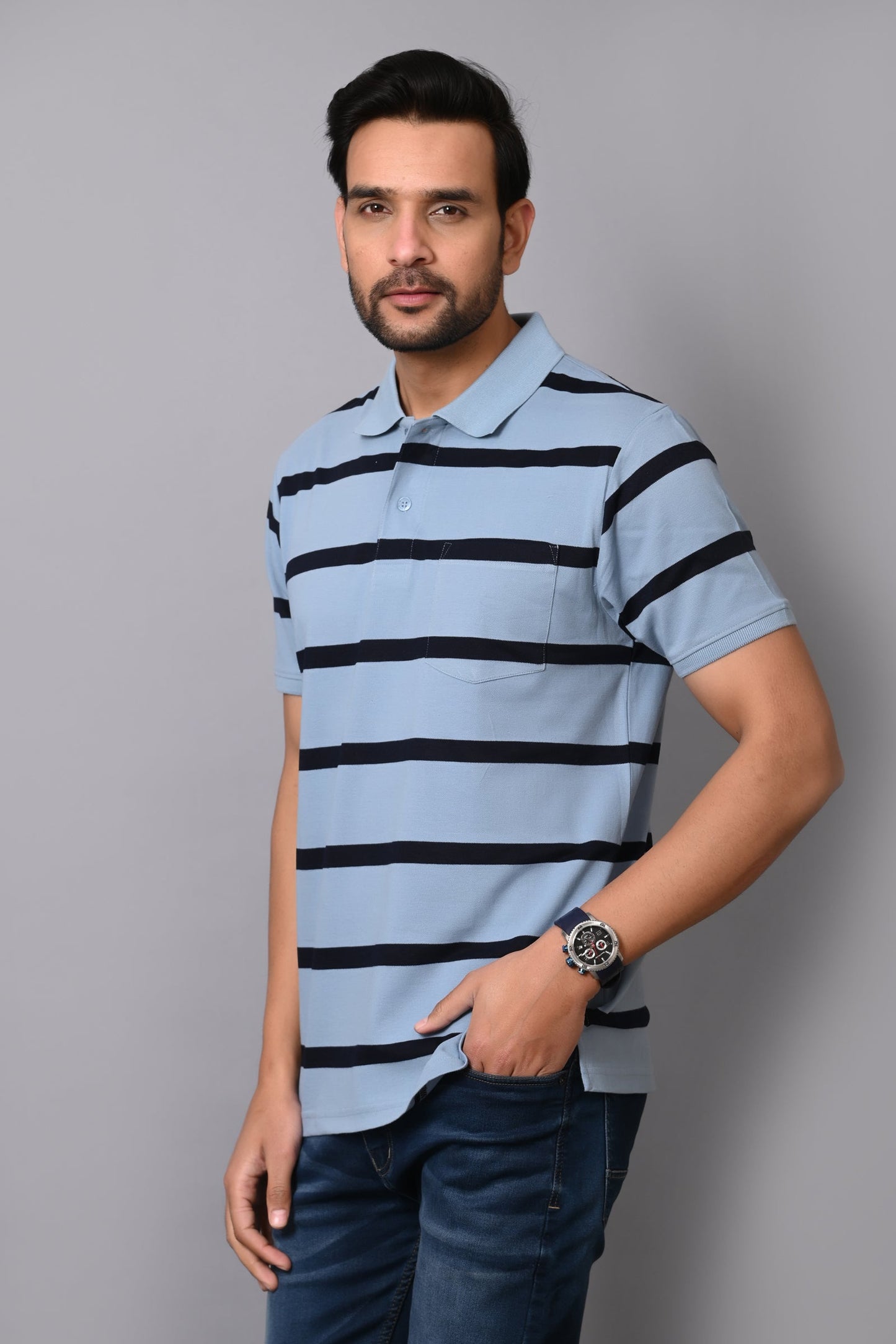 Arbour Men Polo Neck Stripes Pocket Half Sleeves T-Shirt