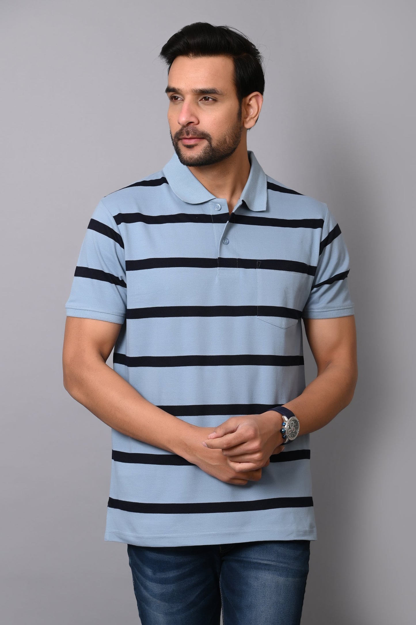 Arbour Men Polo Neck Stripes Pocket Half Sleeves T-Shirt