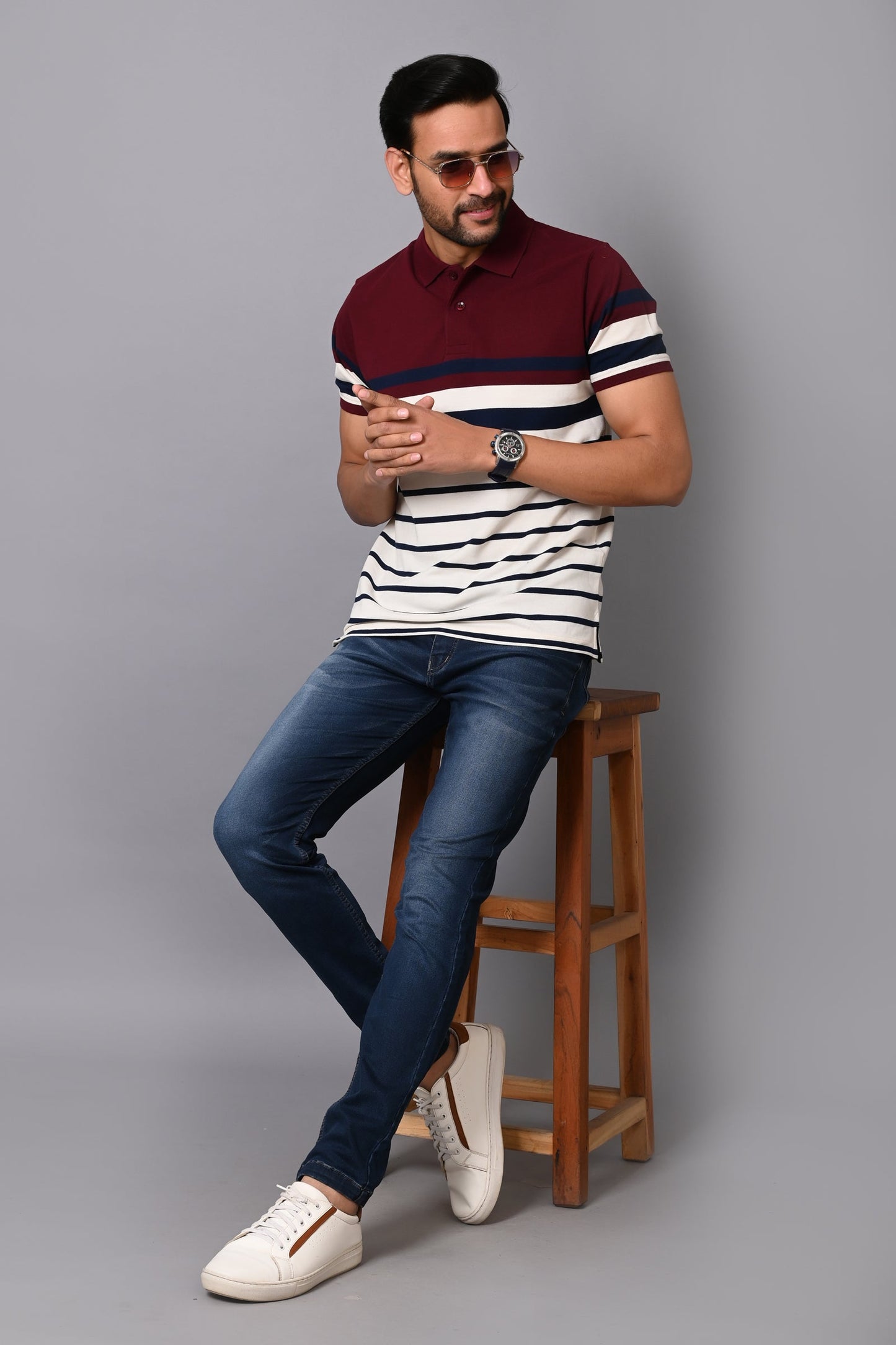 Arbour Men Stripes Polo Neck Cotton Blend Multicolour T-Shirt