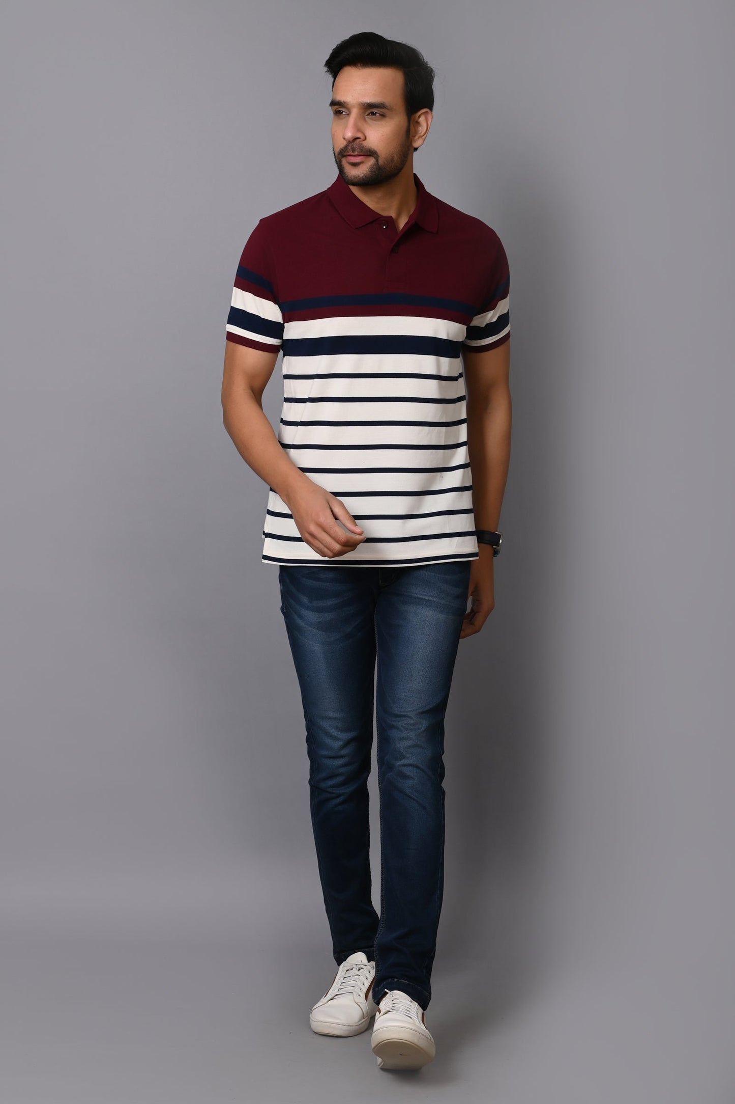 Arbour Men Stripes Polo Neck Cotton Blend Multicolour T-Shirt