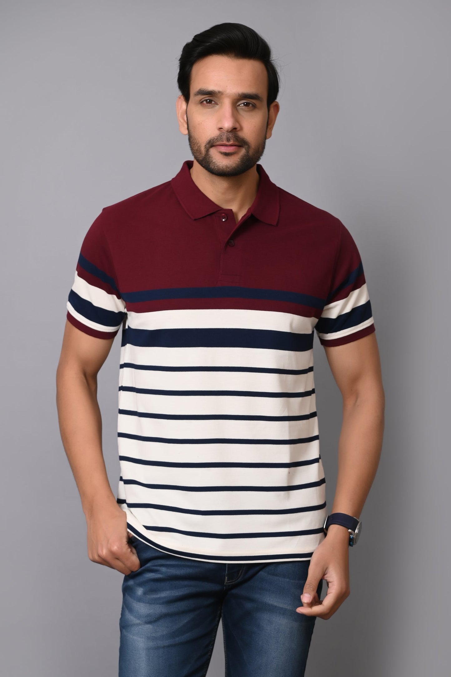 Arbour Men Stripes Polo Neck Cotton Blend Multicolour T-Shirt