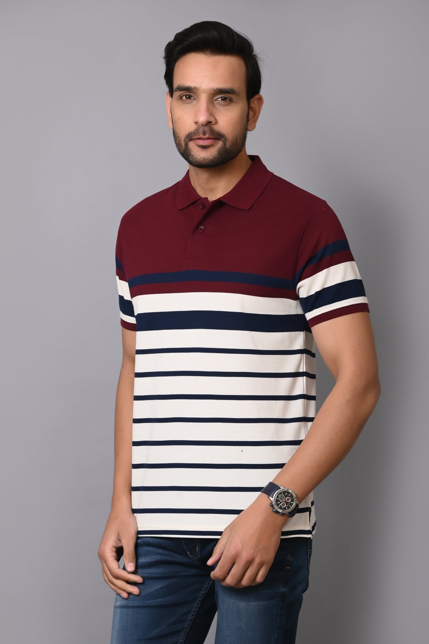 Arbour Men Stripes Polo Neck Cotton Blend Multicolour T-Shirt