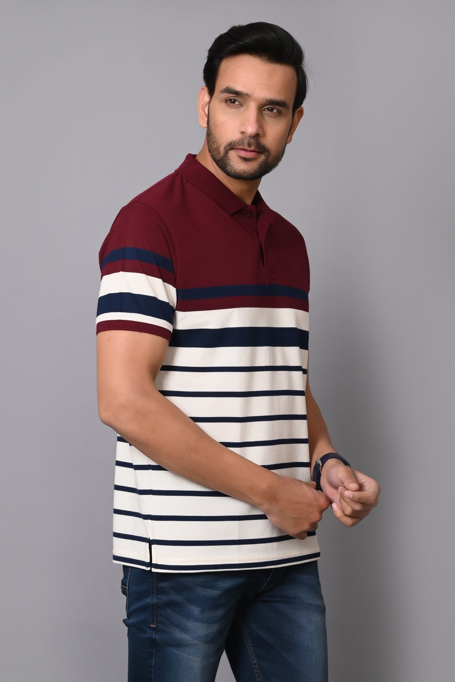 Arbour Men Stripes Polo Neck Cotton Blend Multicolour T-Shirt