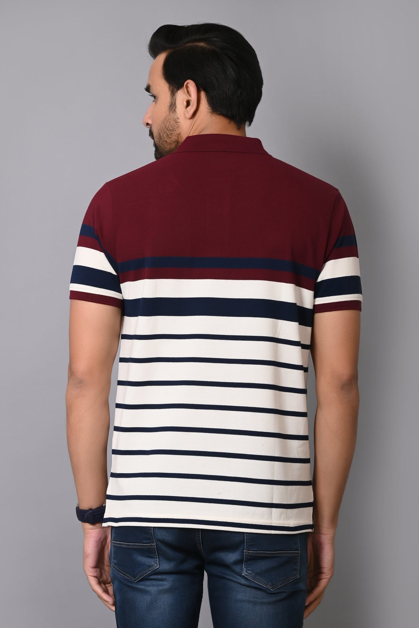 Arbour Men Stripes Polo Neck Cotton Blend Multicolour T-Shirt