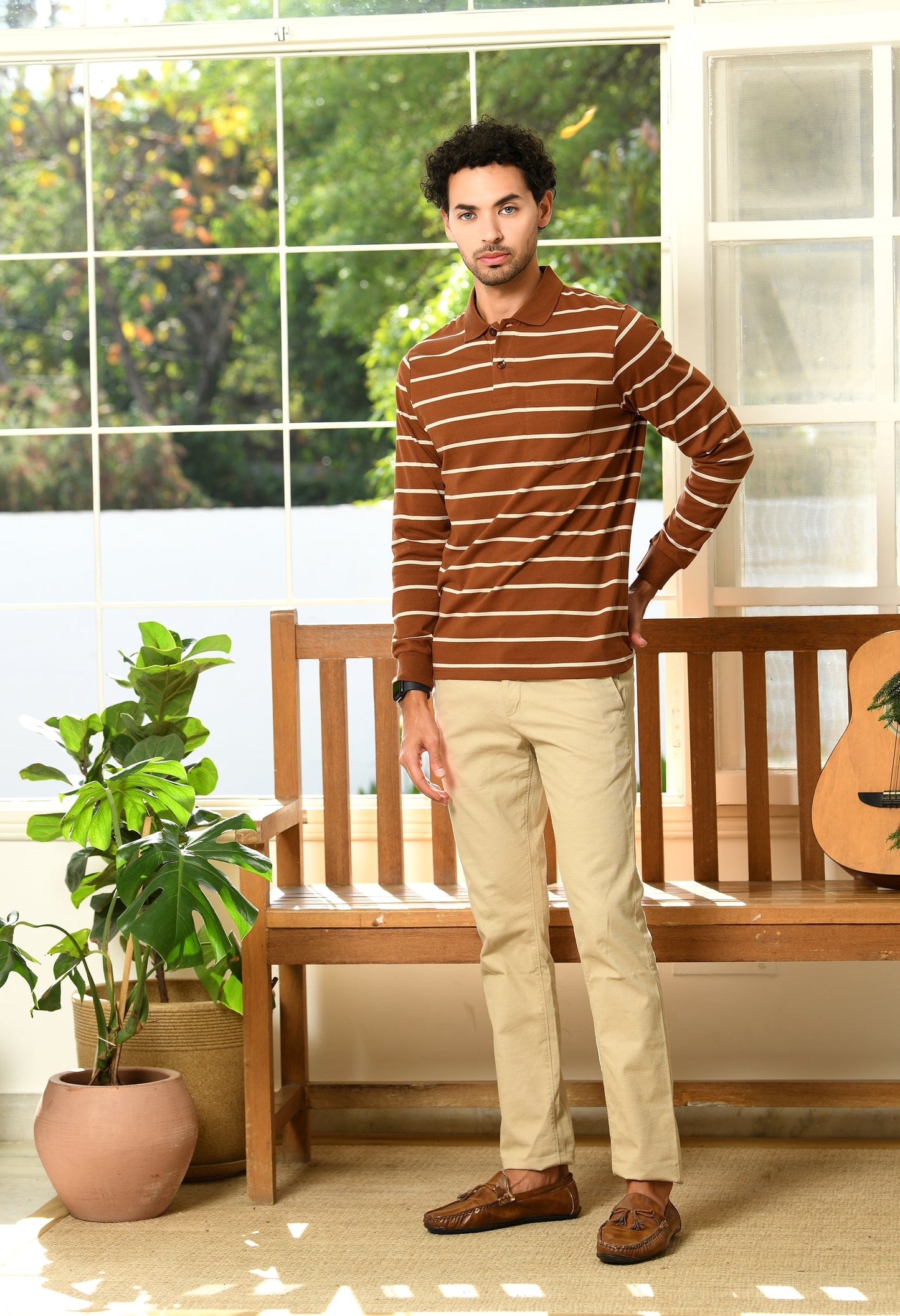 Arbour Men Polo Neck Stripes Pocket Full Sleeves T-Shirt