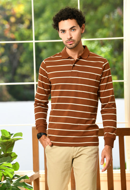 Arbour Men Polo Neck Stripes Pocket Full Sleeves T-Shirt