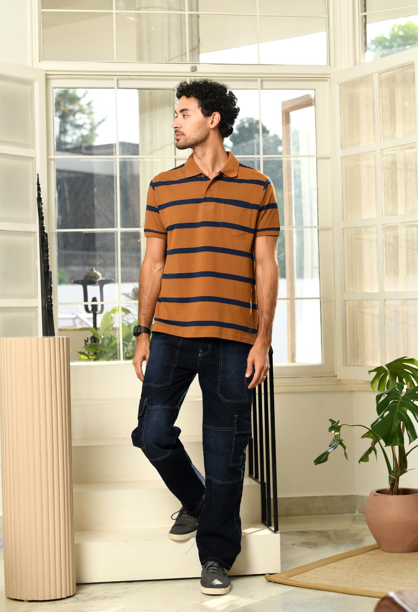 Arbour Men Polo Neck Stripes Pocket Half Sleeves T-Shirt