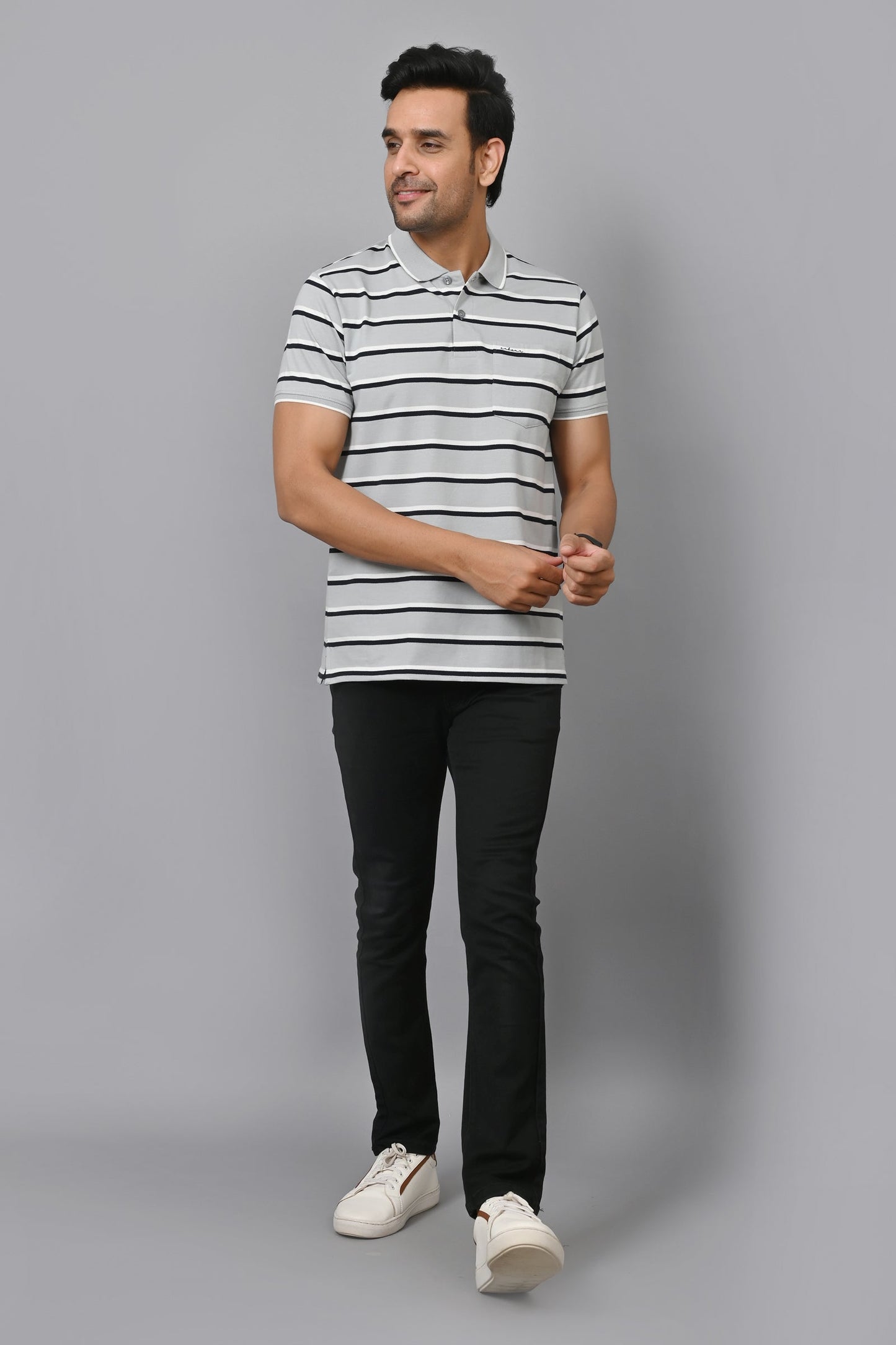 Arbour Men Stripes Polo Neck Cotton Blend Half Sleeve T-Shirt