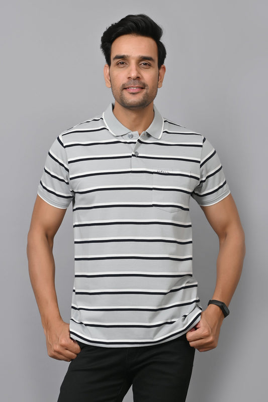 Arbour Men Stripes Polo Neck Cotton Blend Half Sleeve T-Shirt