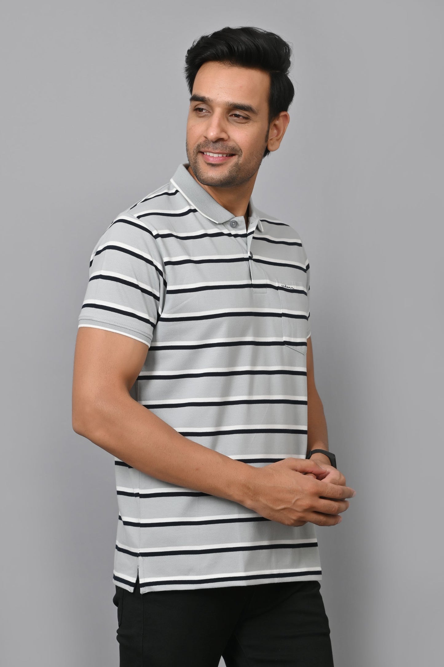 Arbour Men Stripes Polo Neck Cotton Blend Half Sleeve T-Shirt