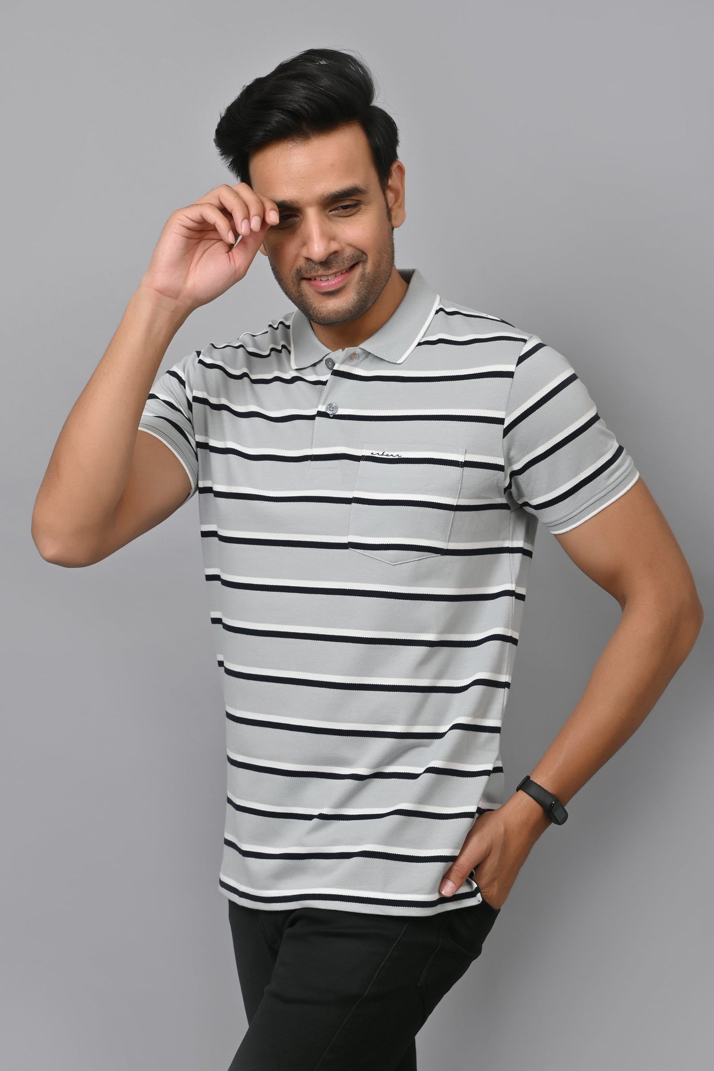 Arbour Men Stripes Polo Neck Cotton Blend Half Sleeve T-Shirt