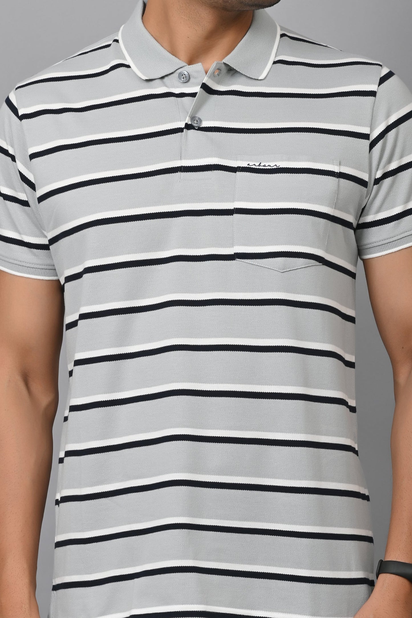 Arbour Men Stripes Polo Neck Cotton Blend Half Sleeve T-Shirt