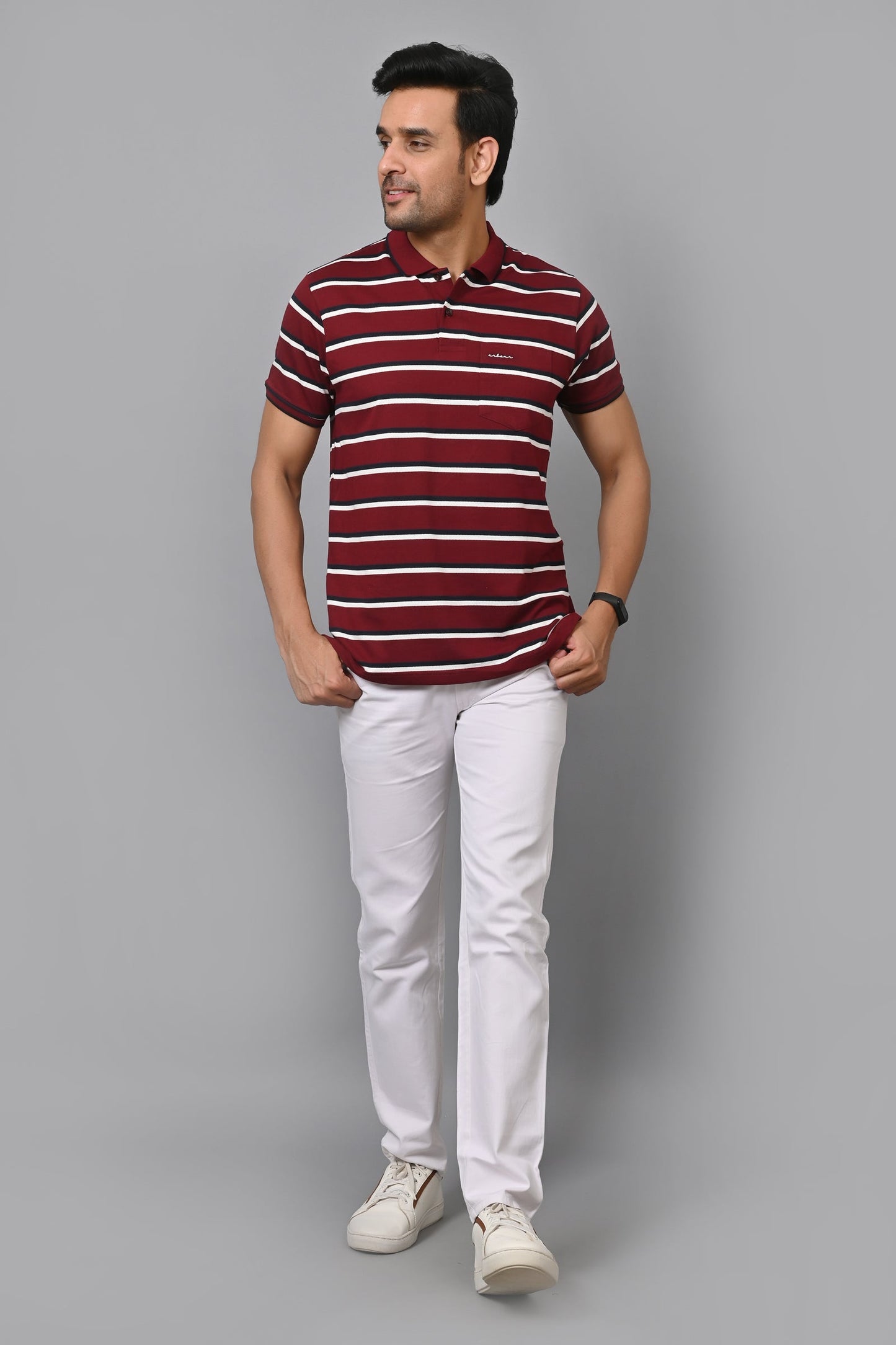 Arbour Men Stripes Polo Neck Cotton Blend Half Sleeve T-Shirt