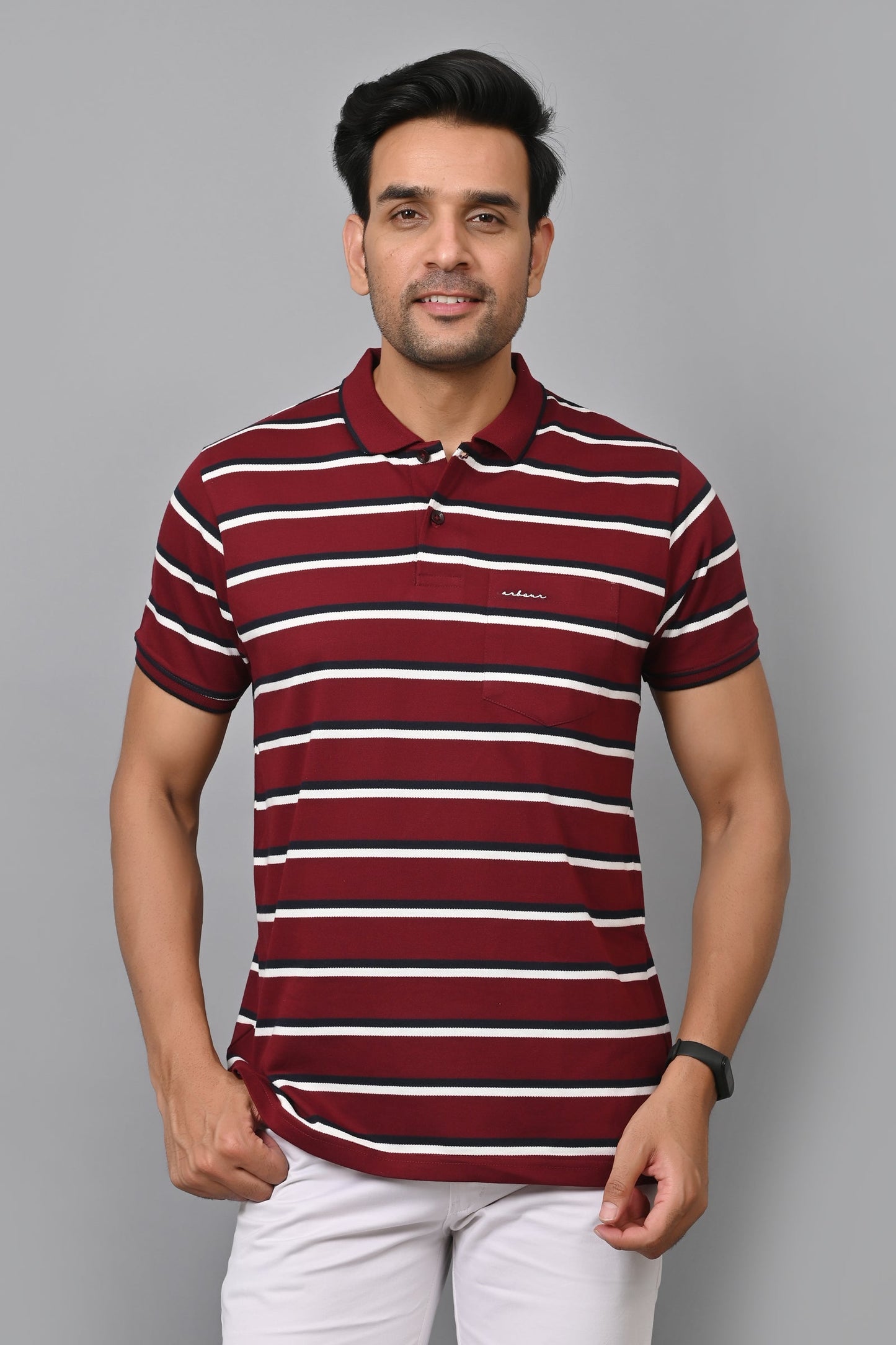 Arbour Men Stripes Polo Neck Cotton Blend Half Sleeve T-Shirt