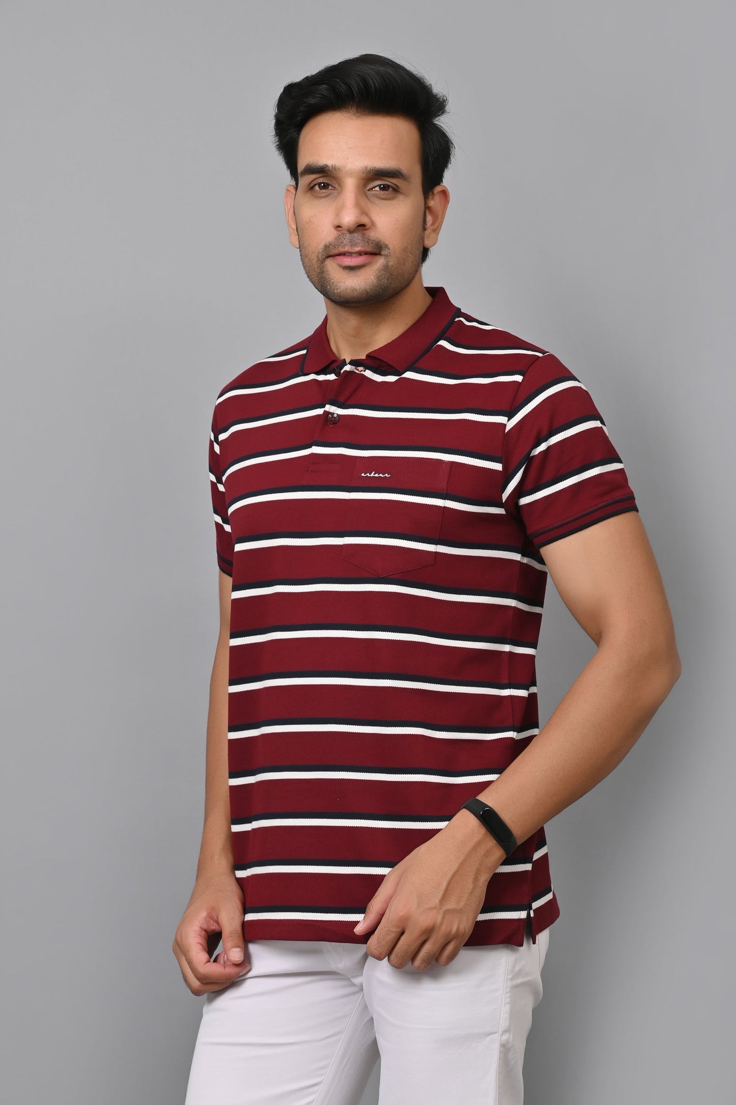 Arbour Men Stripes Polo Neck Cotton Blend Half Sleeve T-Shirt