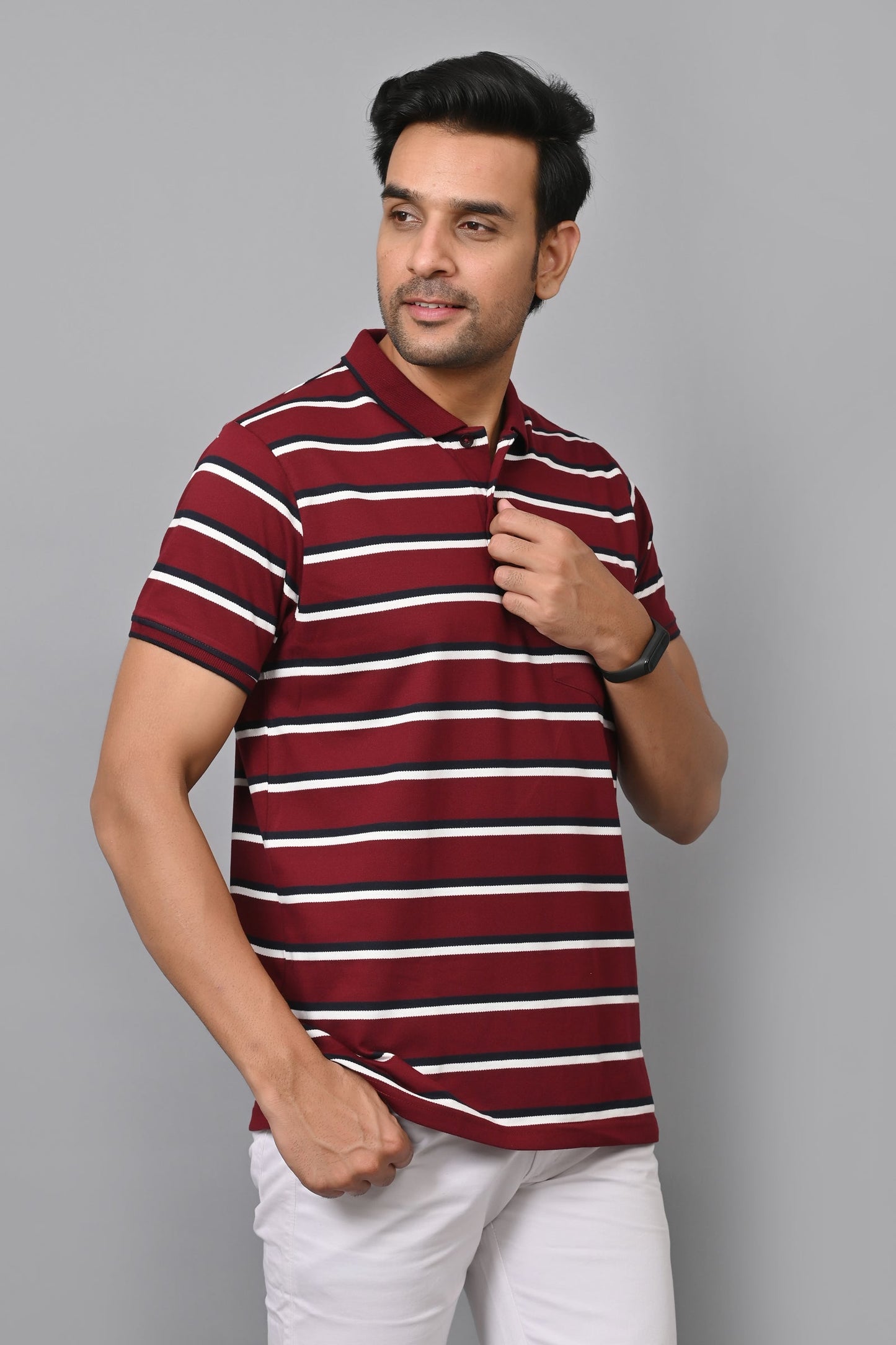 Arbour Men Stripes Polo Neck Cotton Blend Half Sleeve T-Shirt