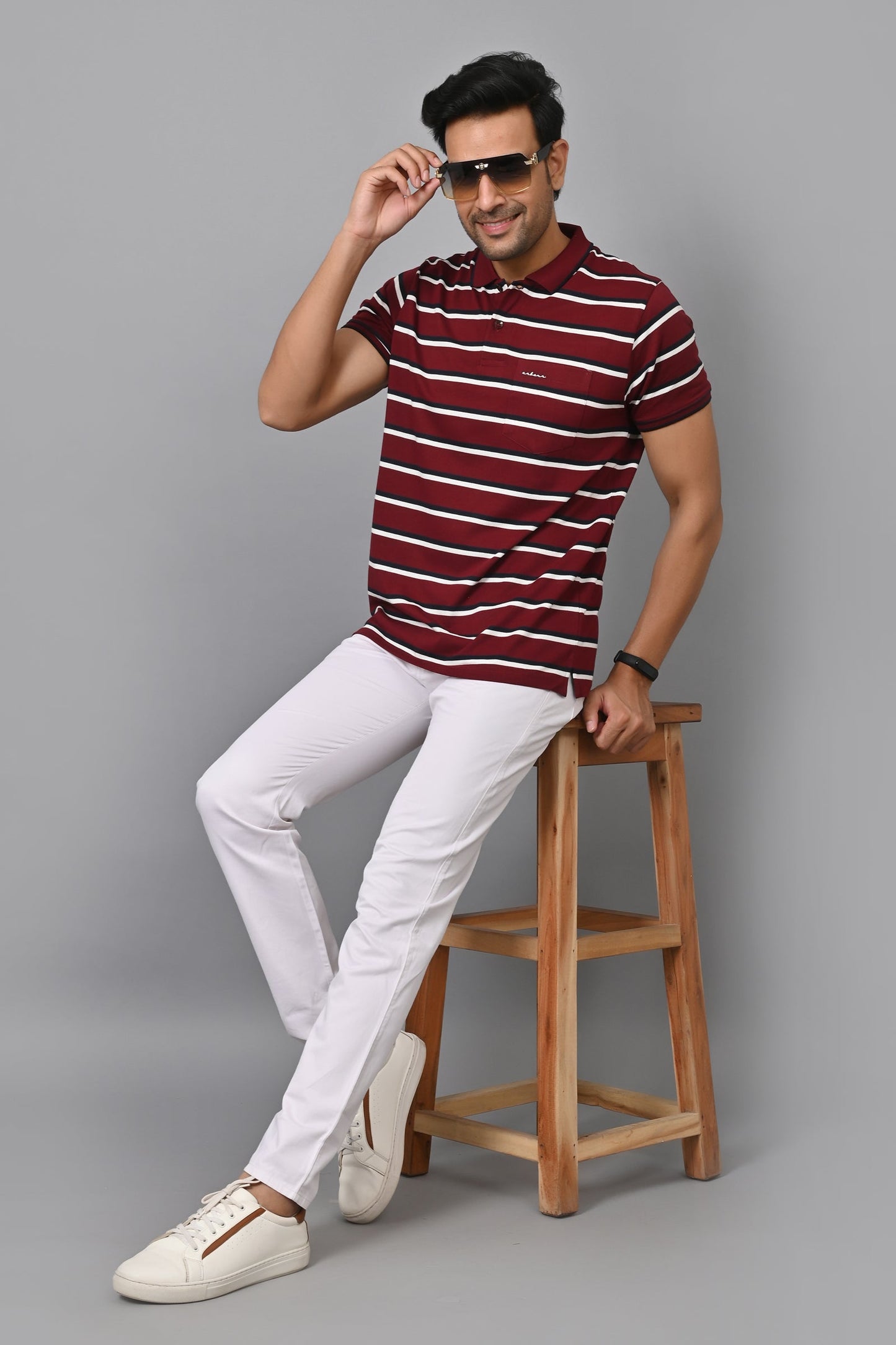 Arbour Men Stripes Polo Neck Cotton Blend Half Sleeve T-Shirt