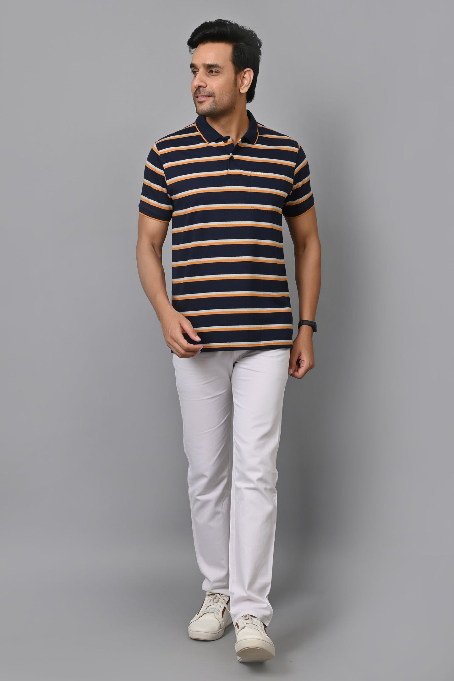 Arbour Men Stripes Polo Neck Cotton Blend Half Sleeve T-Shirt