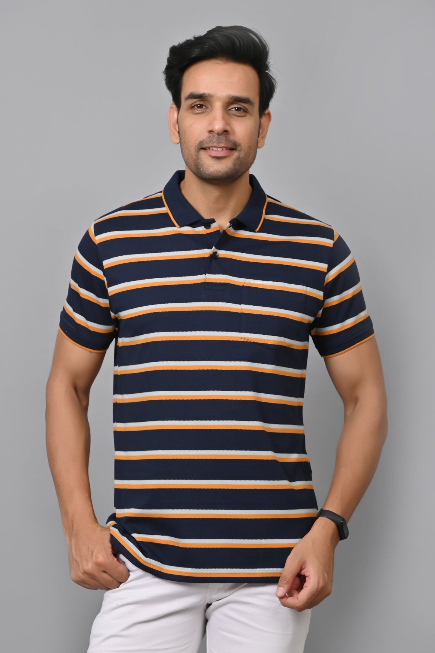 Arbour Men Stripes Polo Neck Cotton Blend Half Sleeve T-Shirt