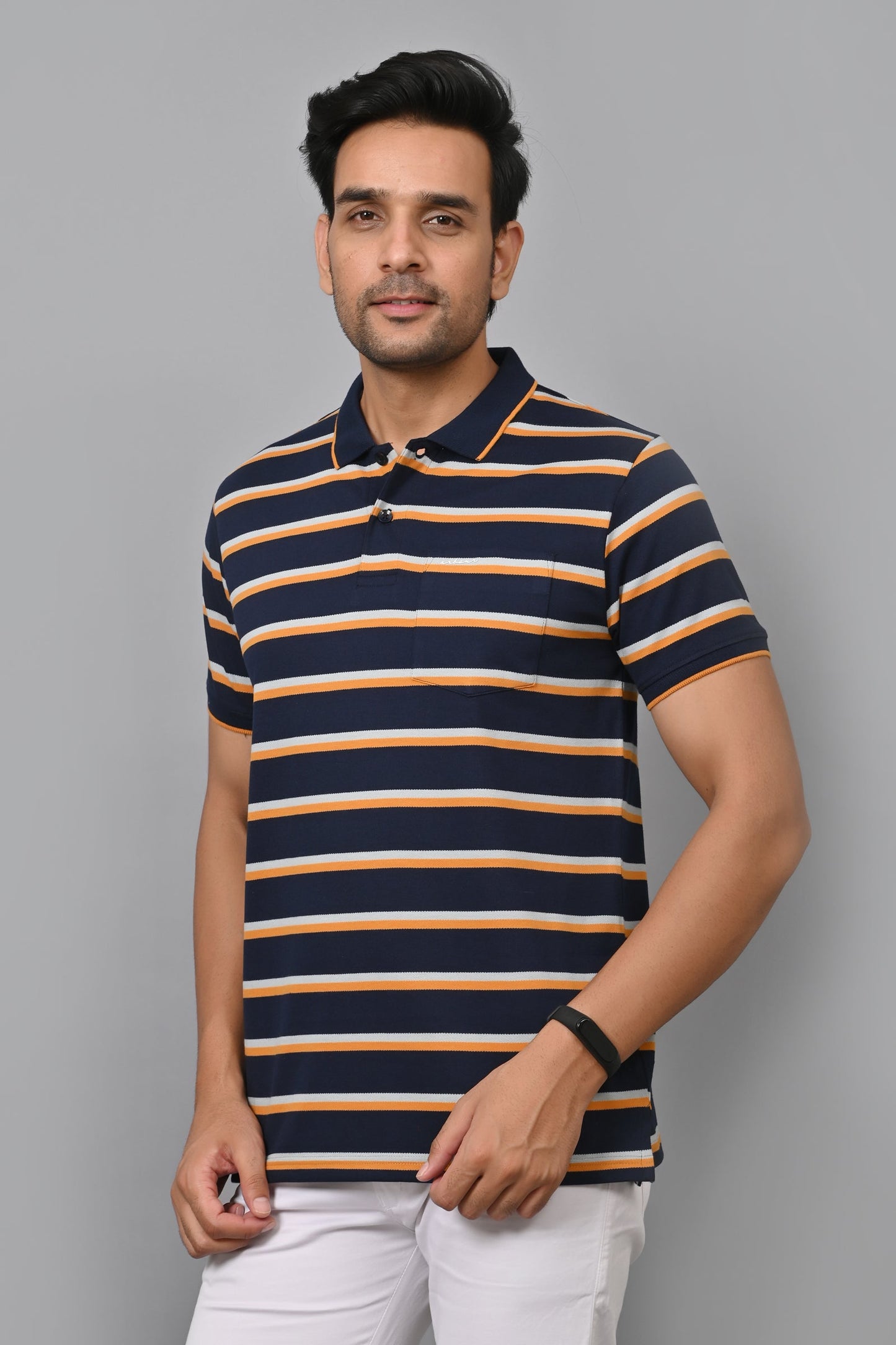 Arbour Men Stripes Polo Neck Cotton Blend Half Sleeve T-Shirt