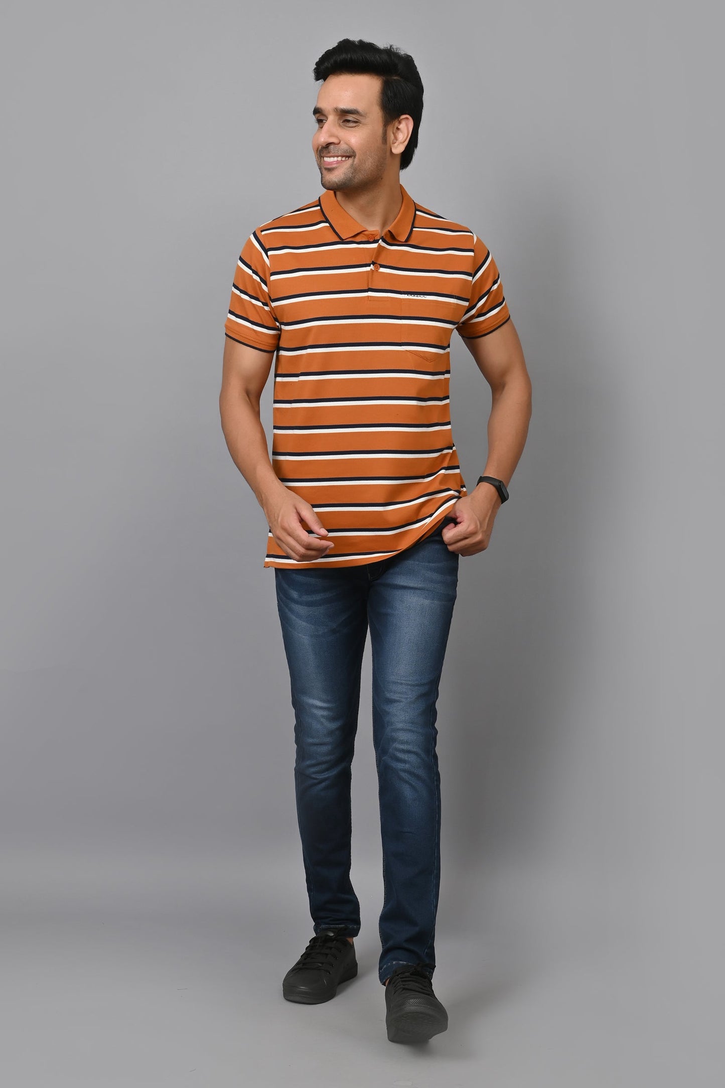 Arbour Men Stripes Polo Neck Cotton Blend Half Sleeve T-Shirt