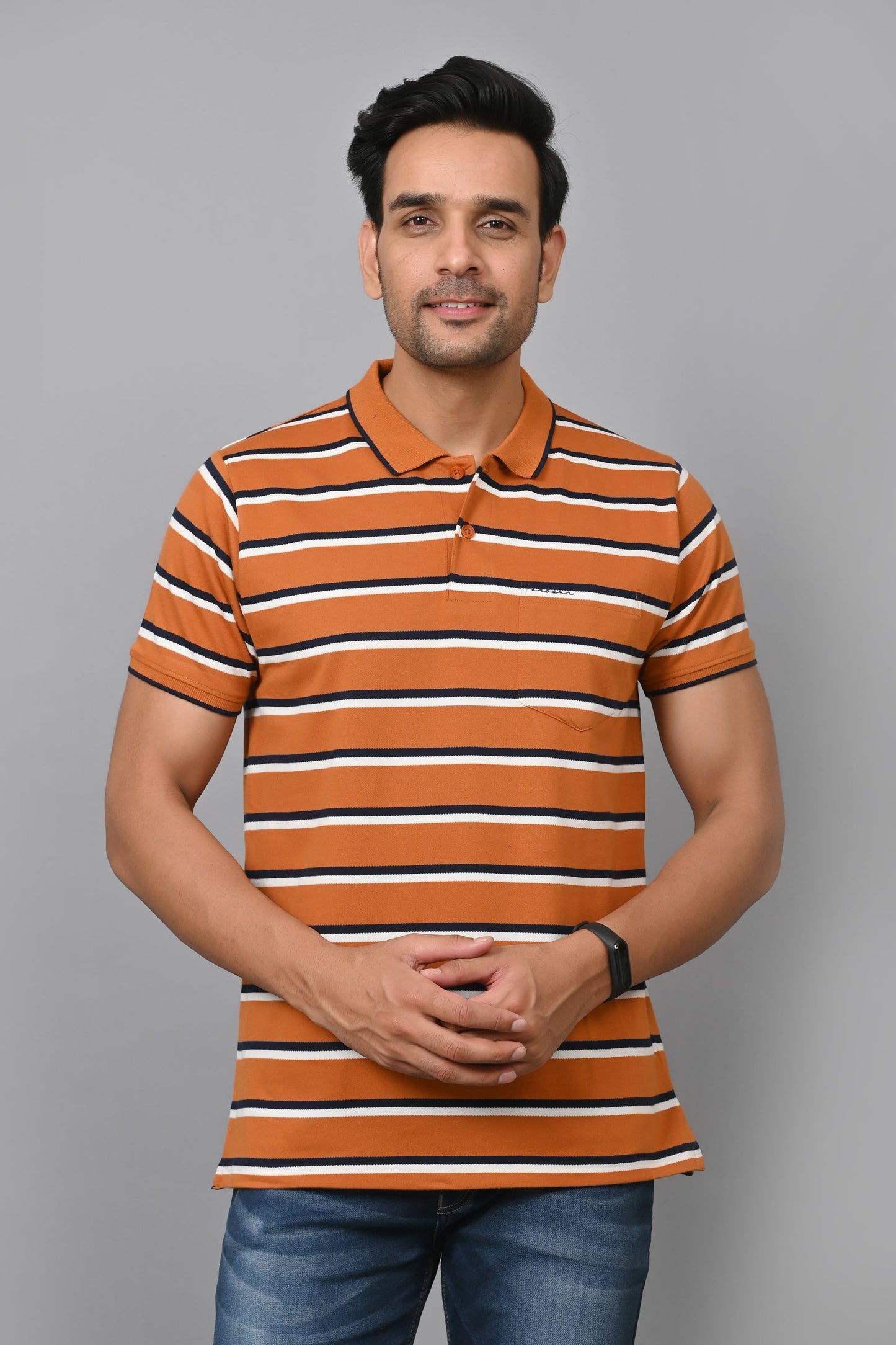 Arbour Men Stripes Polo Neck Cotton Blend Half Sleeve T-Shirt