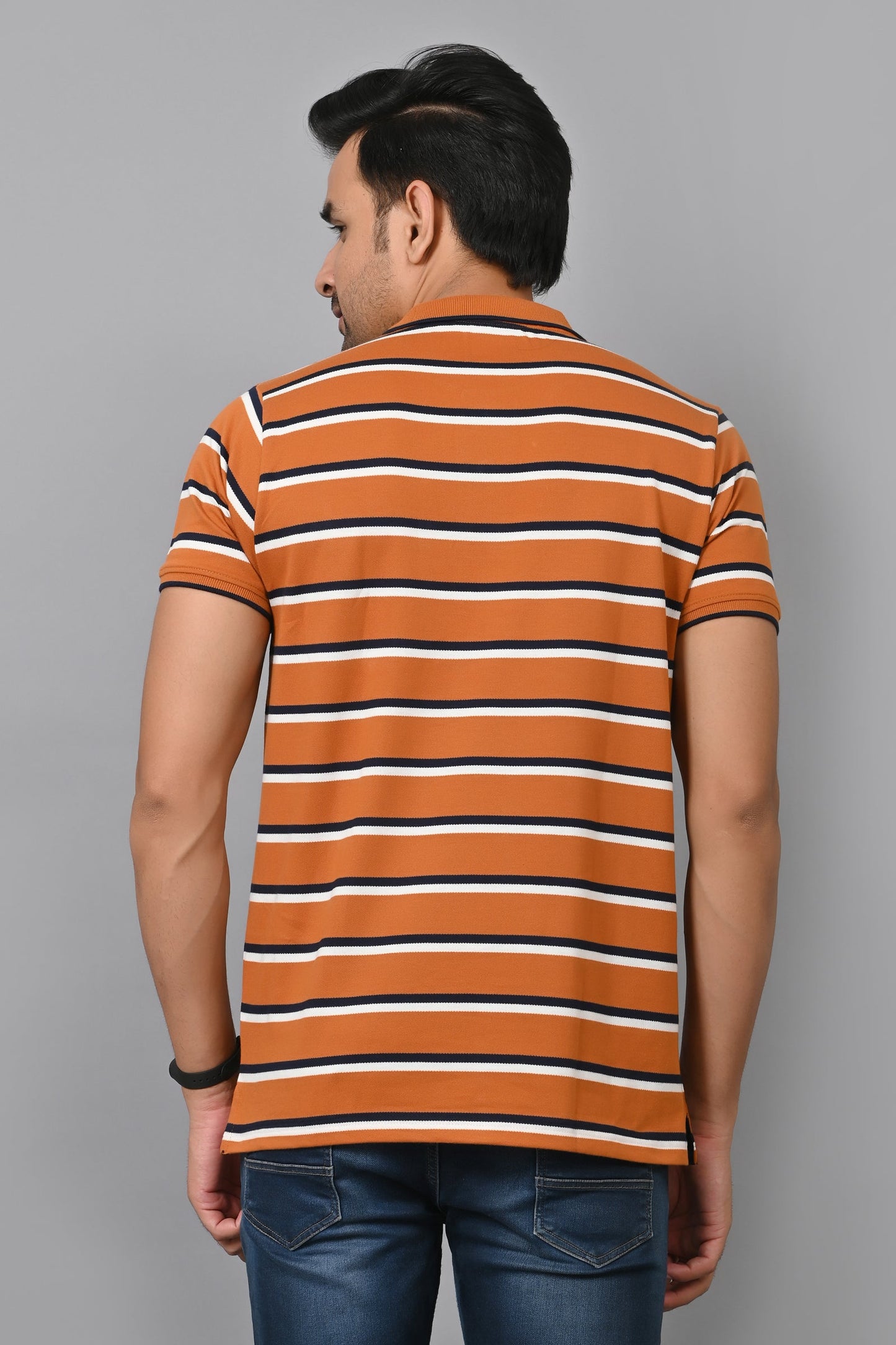 Arbour Men Stripes Polo Neck Cotton Blend Half Sleeve T-Shirt