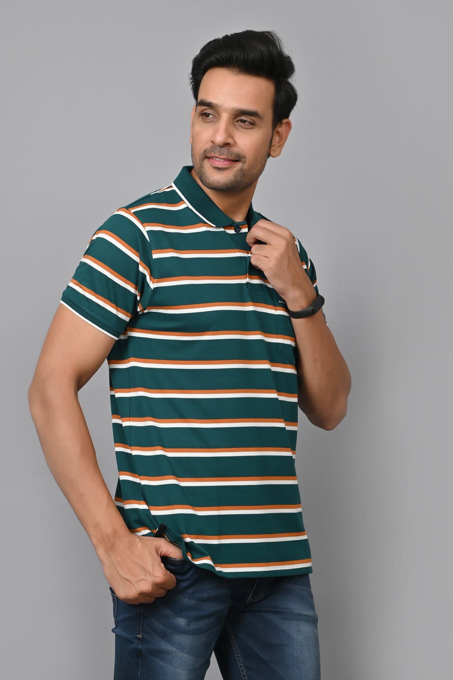 Arbour Men Stripes Polo Neck Cotton Blend Half Sleeve T-Shirt