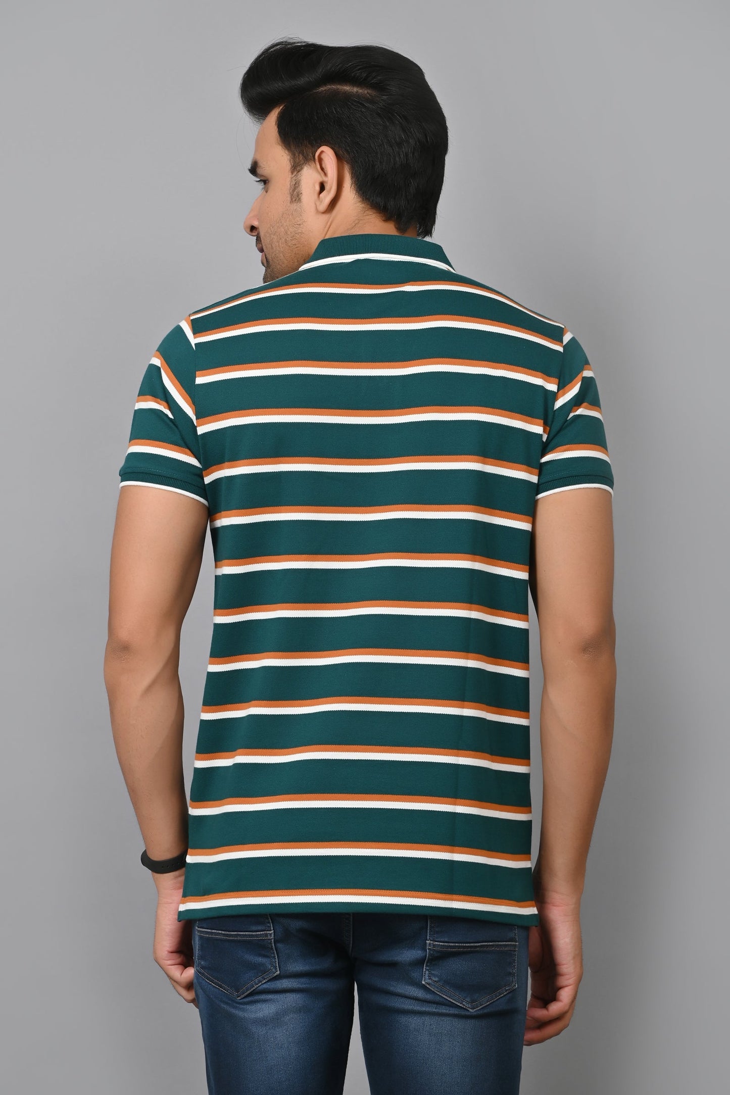 Arbour Men Stripes Polo Neck Cotton Blend Half Sleeve T-Shirt