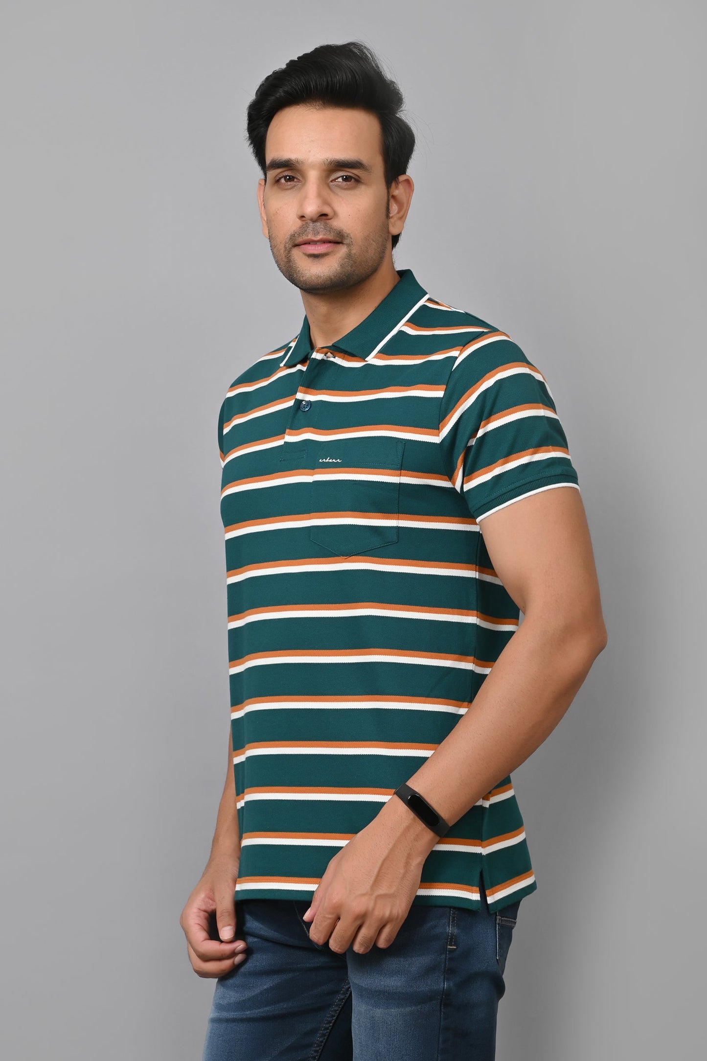 Arbour Men Stripes Polo Neck Cotton Blend Half Sleeve T-Shirt