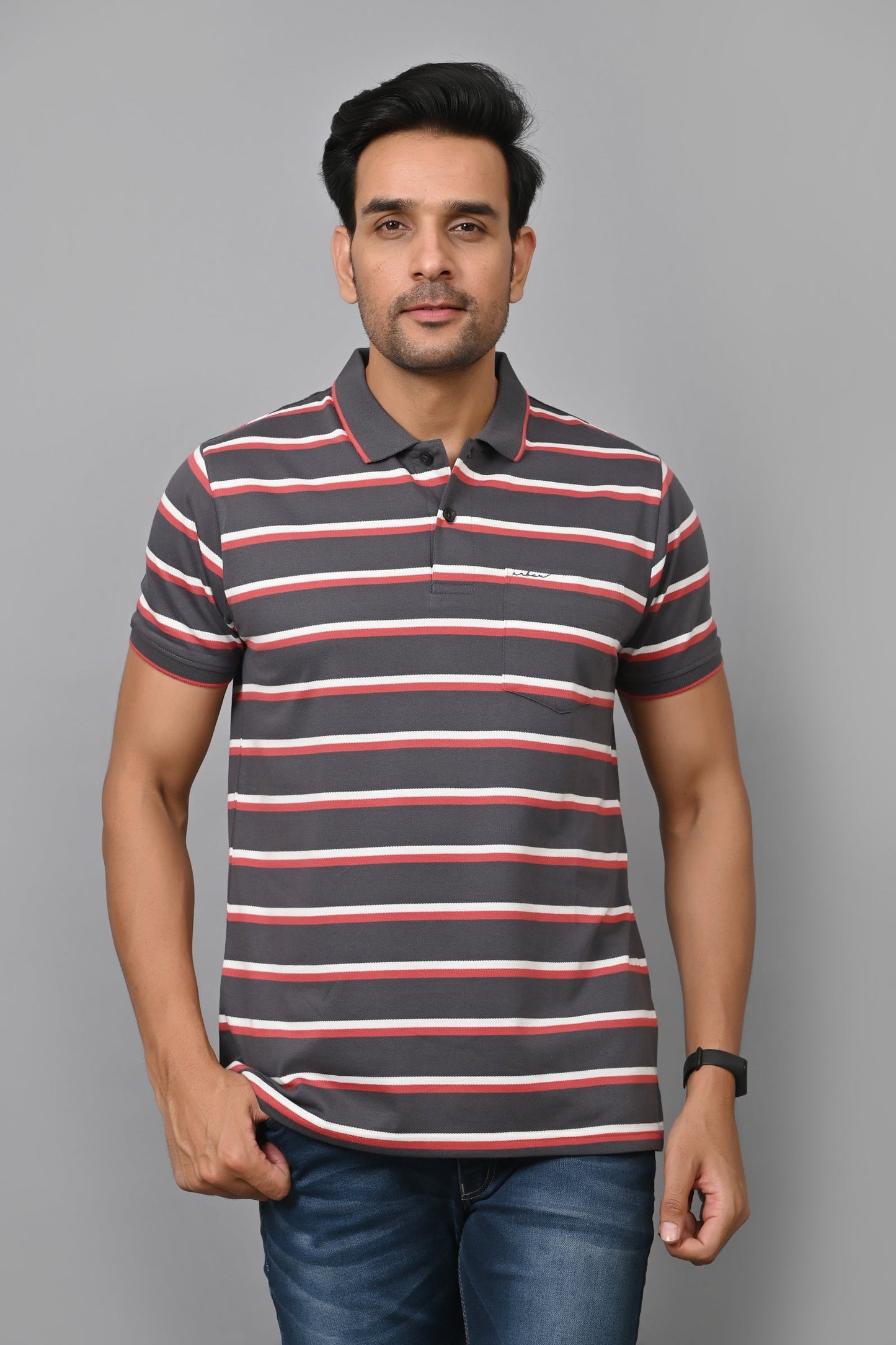 Arbour Men Stripes Polo Neck Cotton Blend Half Sleeve T-Shirt