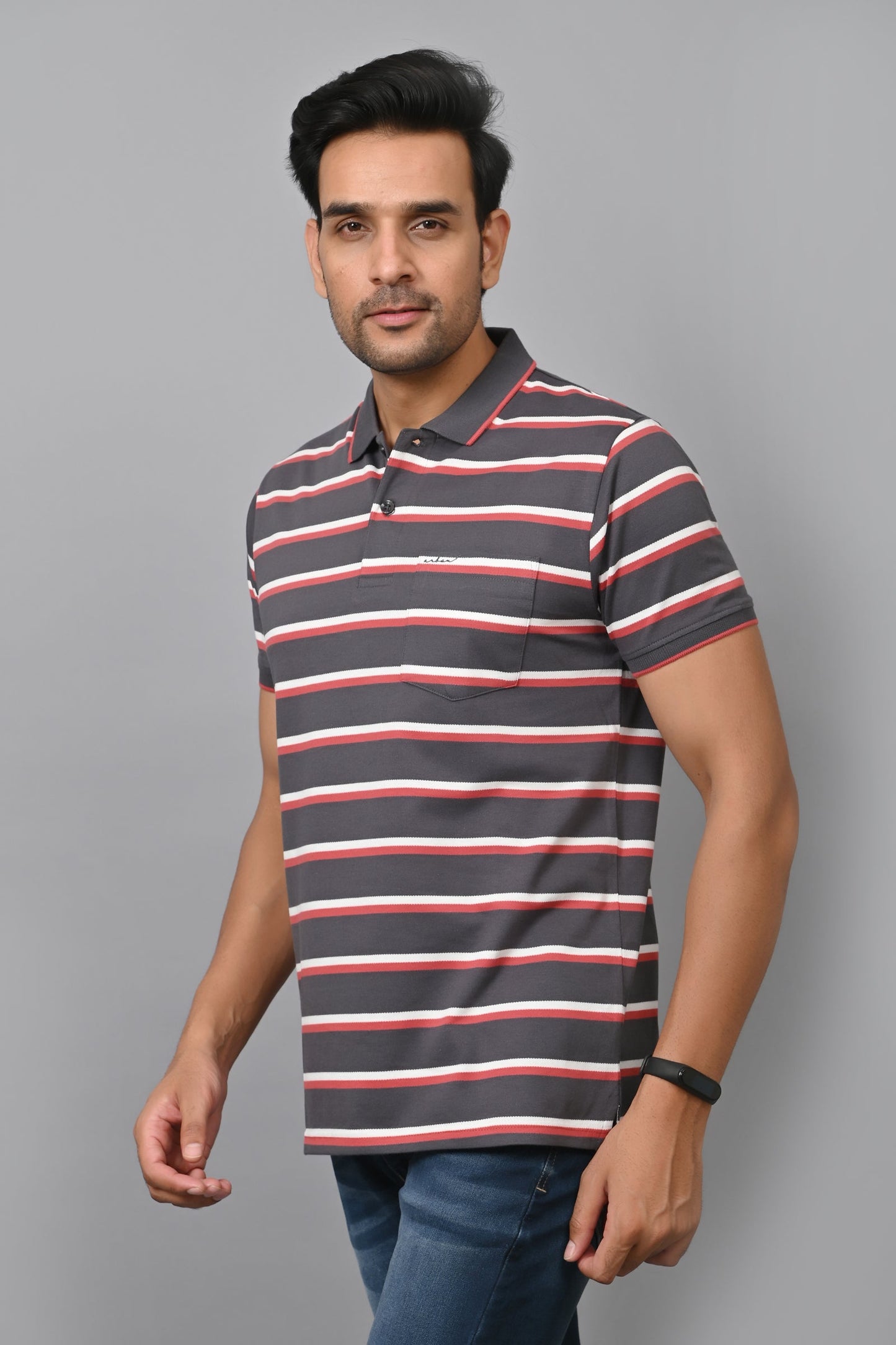 Arbour Men Stripes Polo Neck Cotton Blend Half Sleeve T-Shirt