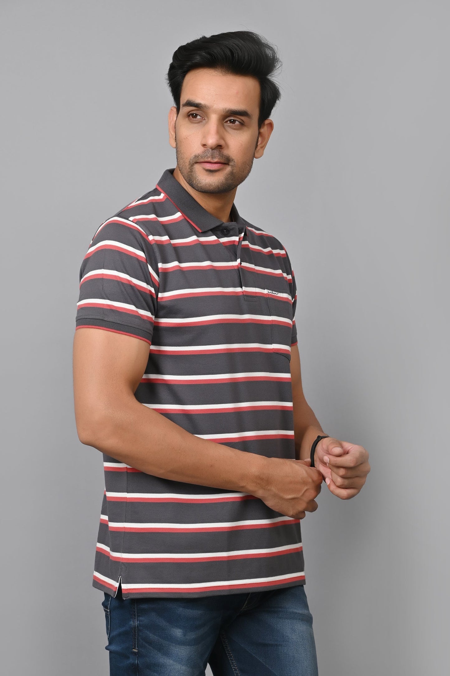 Arbour Men Stripes Polo Neck Cotton Blend Half Sleeve T-Shirt