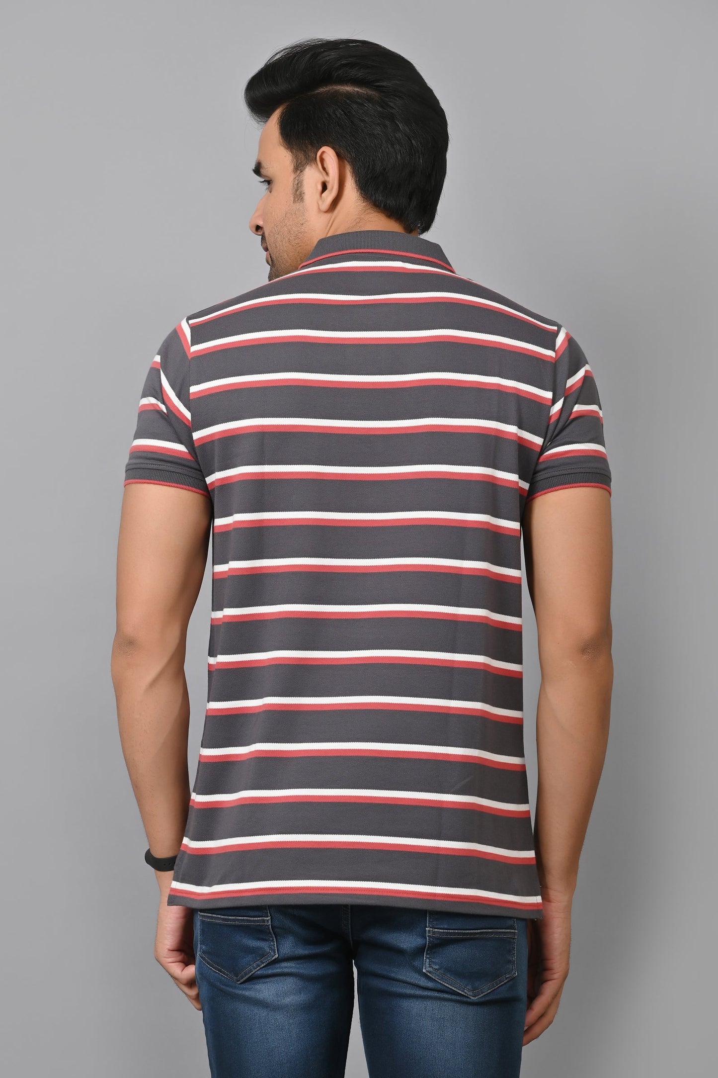 Arbour Men Stripes Polo Neck Cotton Blend Half Sleeve T-Shirt