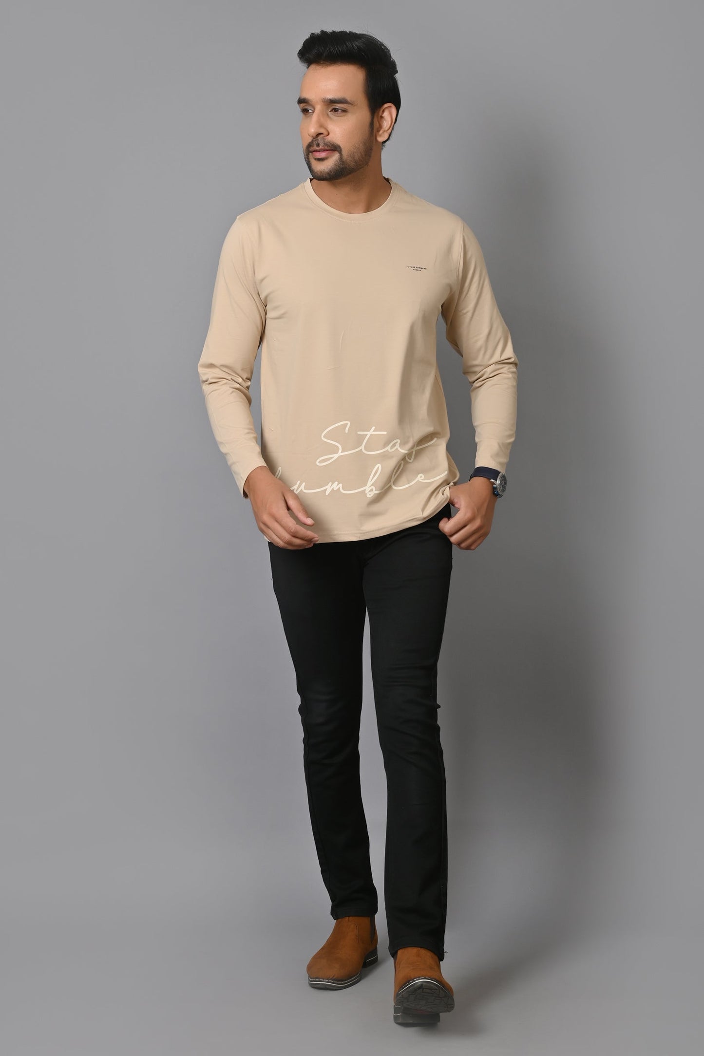 Arbour Men Round Neck Printed Slim Fit Full Sleeves T-Shirt