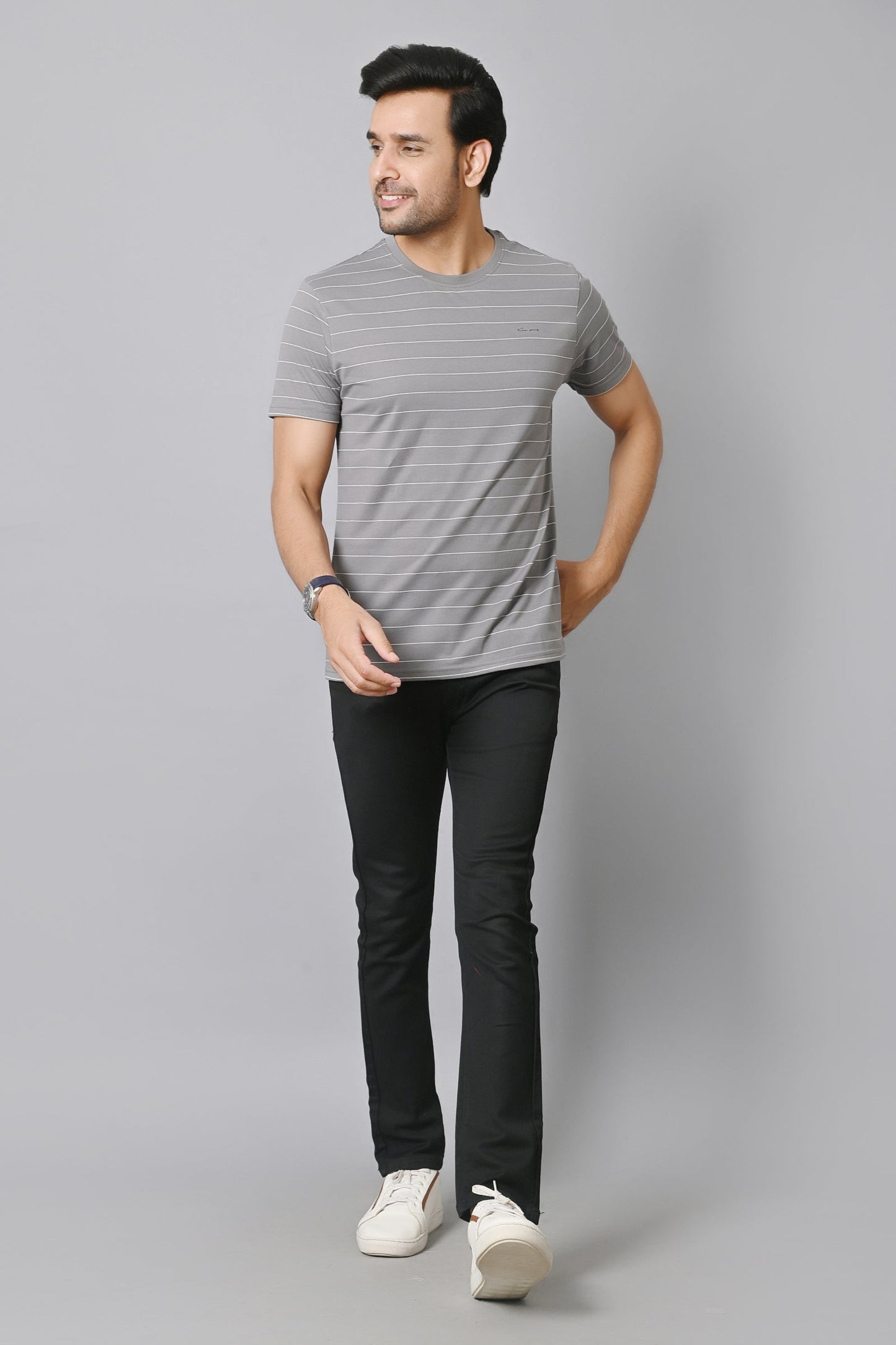 Arbour Men Round Neck Half Sleeves Stripes Slim Fit T-Shirt