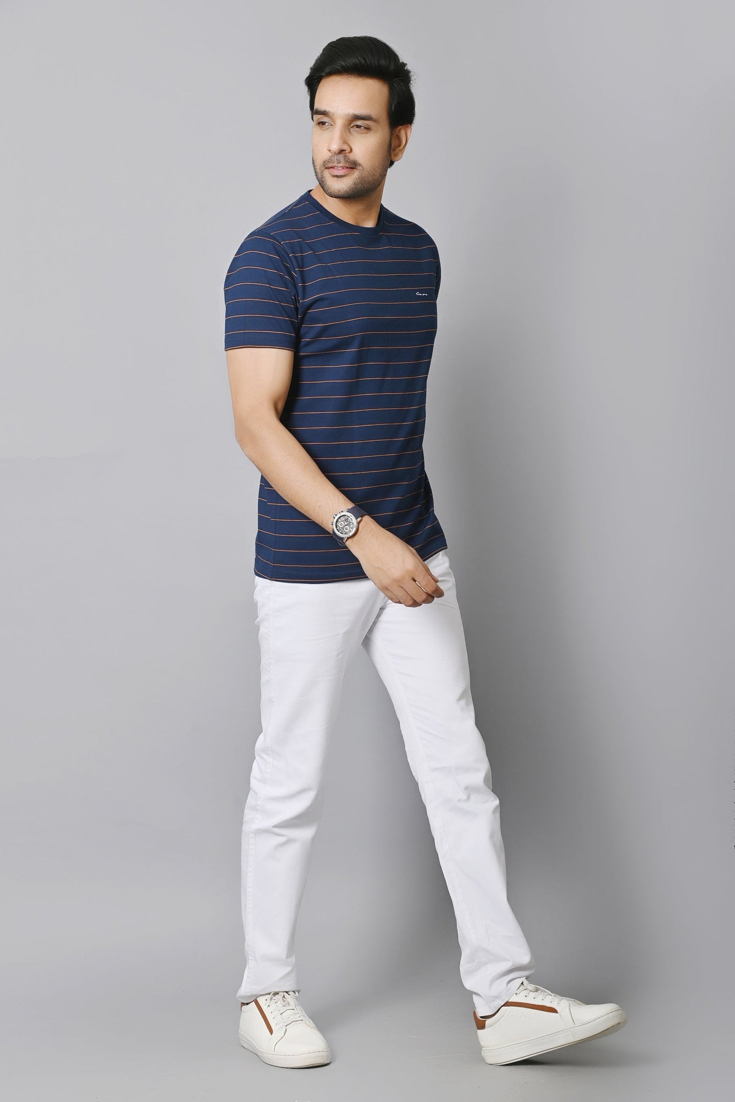 Arbour Men Round Neck Half Sleeves Stripes Slim Fit T-Shirt